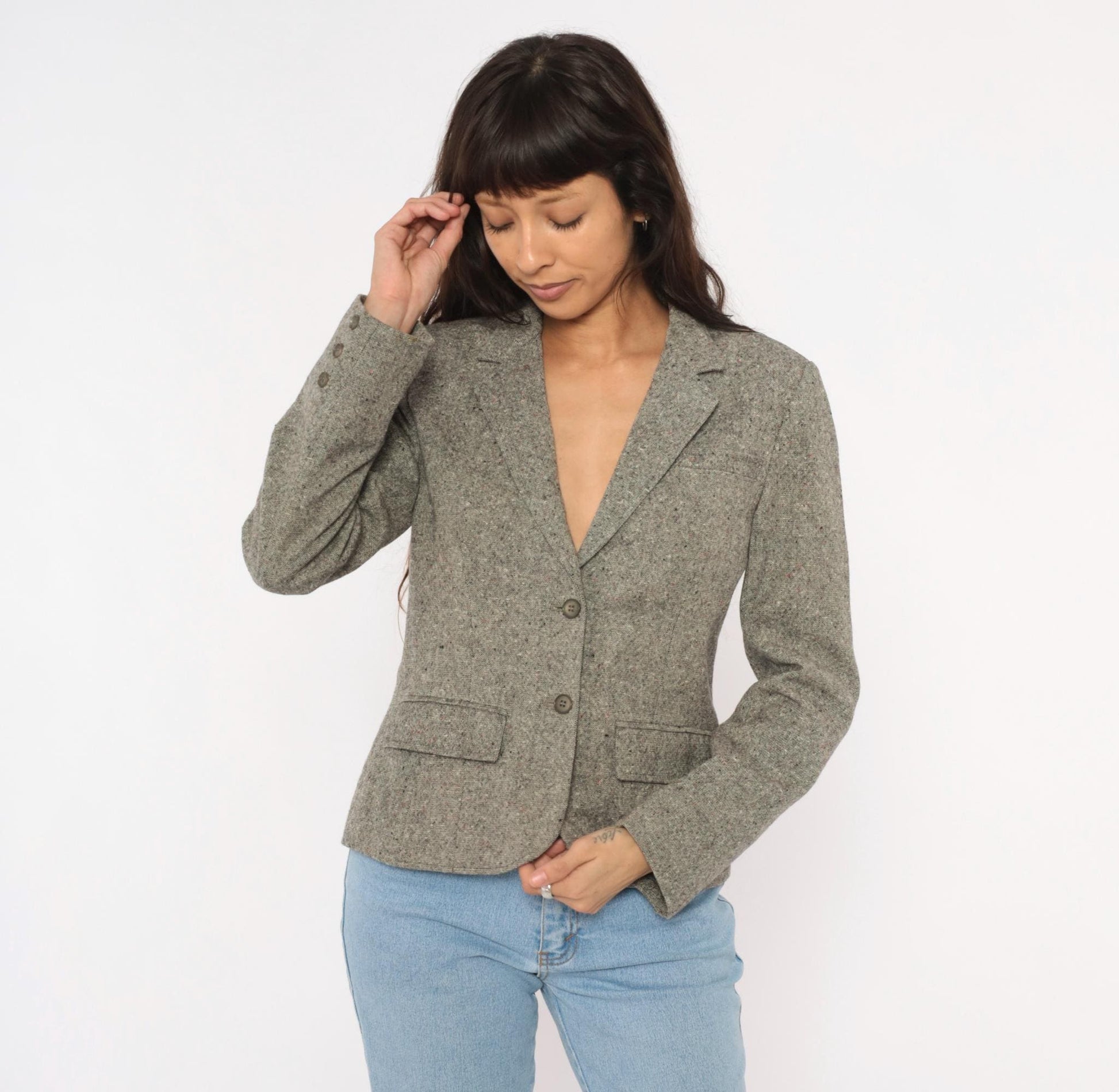 80s Pendleton Tweed Blazer Grey Wool Notched Lapel Fitted Small S