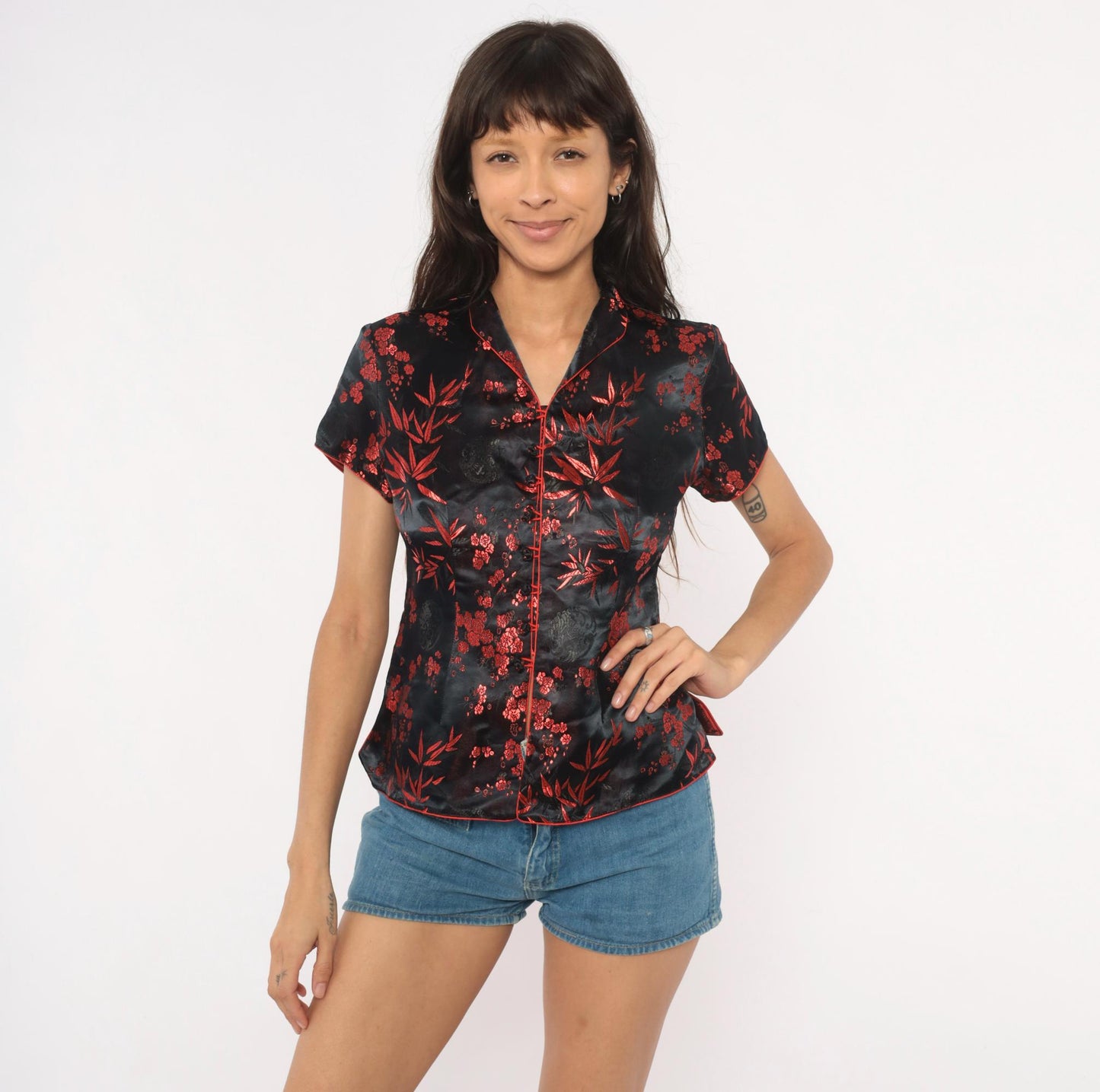 2000s Black Red Silk Cheongsam Top Mandarin Collar Brocade Medium M