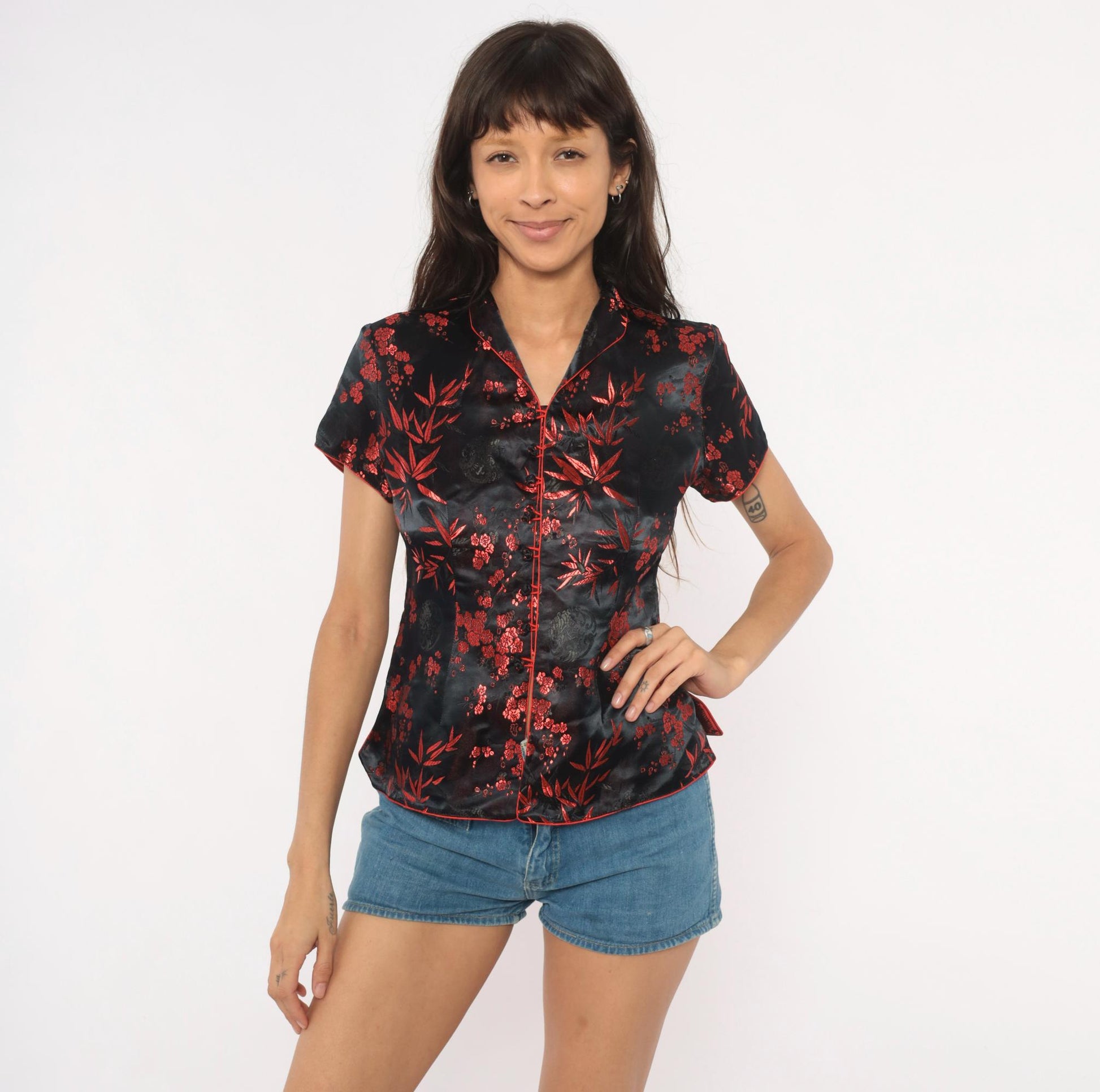 2000s Black Red Silk Cheongsam Top Mandarin Collar Brocade Medium M