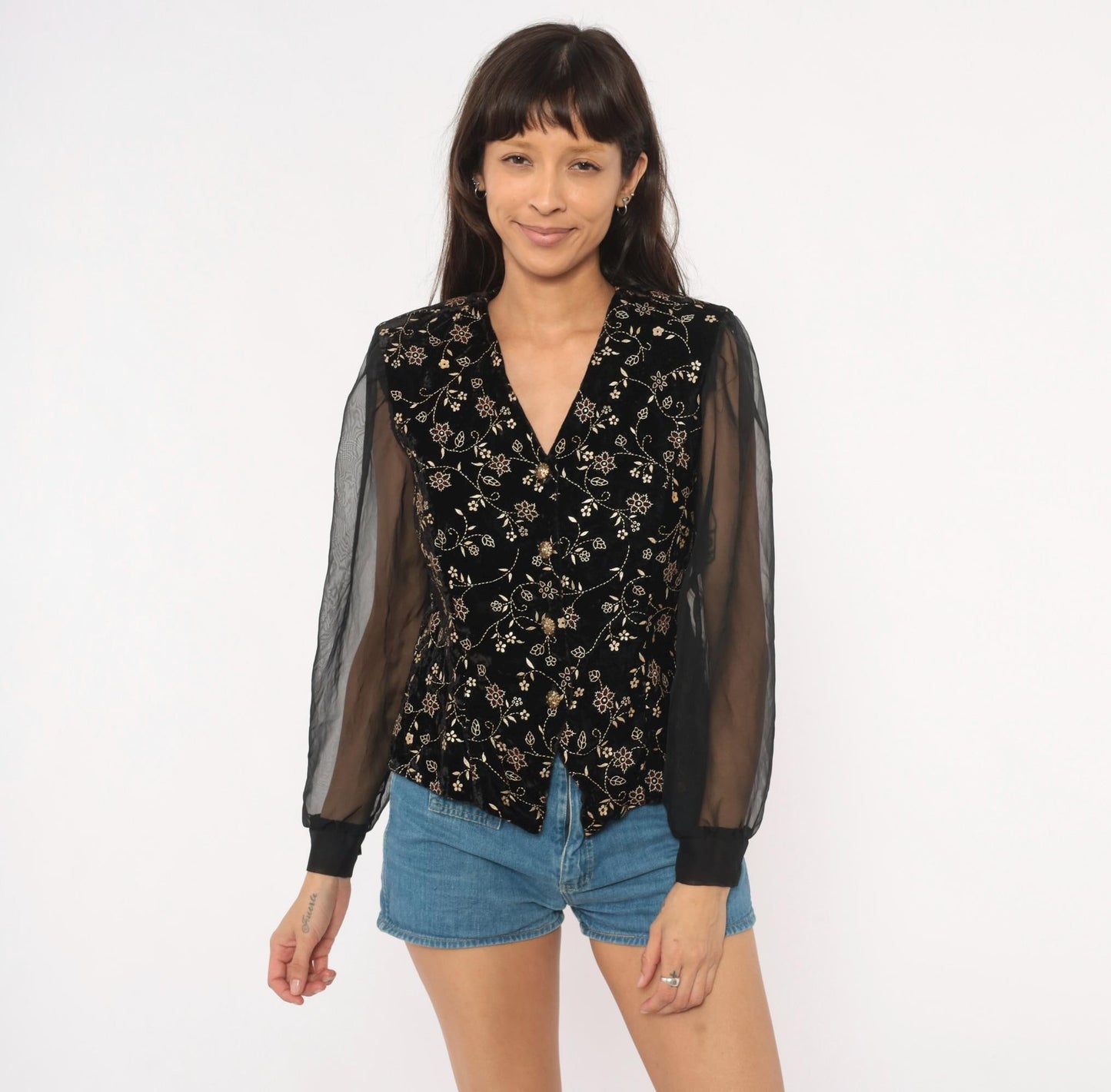 90s Another Thyme Black Velvet Blouse Gold Floral Embroidery Peplum Small