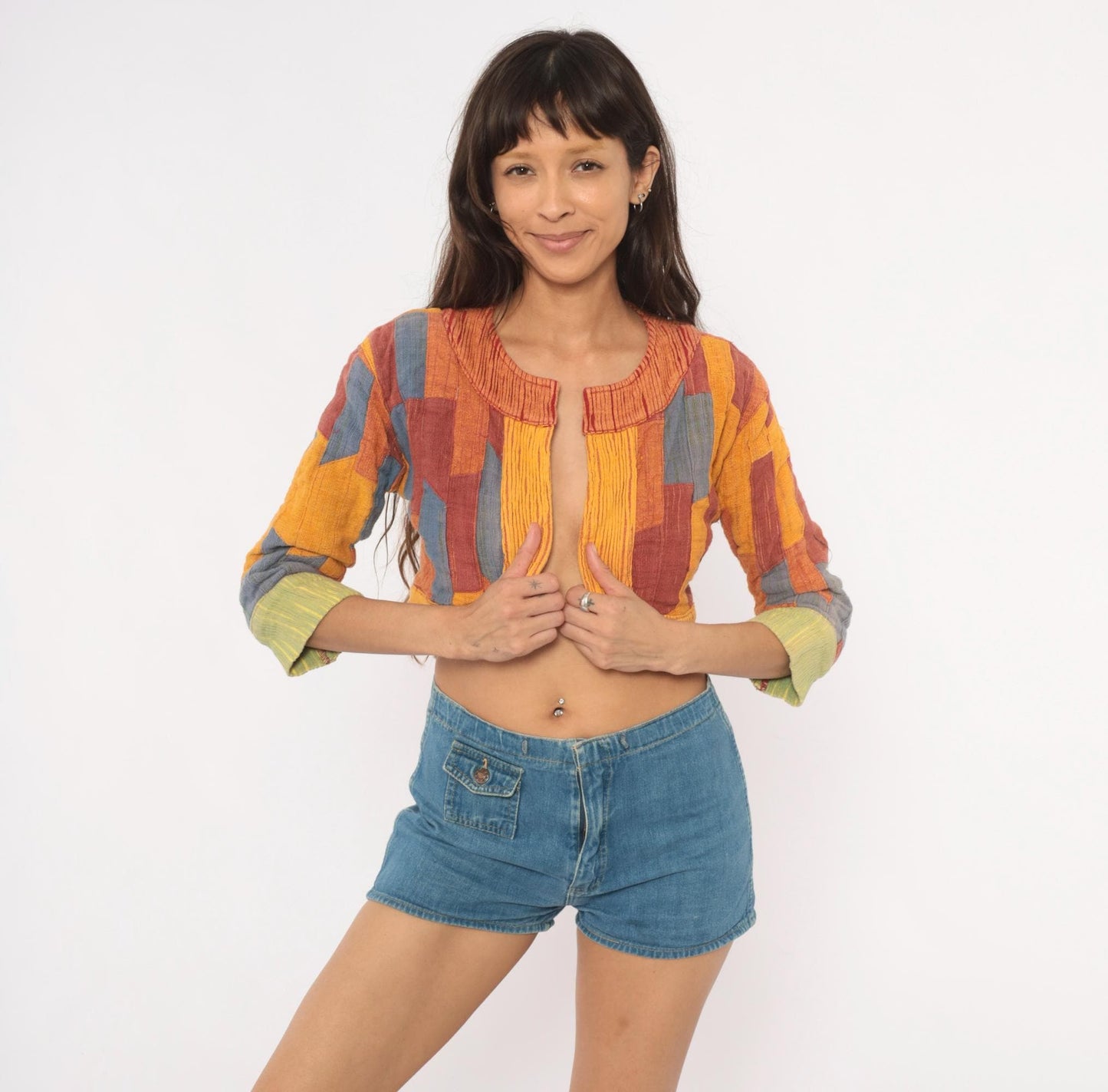 2000s Patchwork Cropped Bolero Jacket Mustard Burgundy Blue Cotton Small