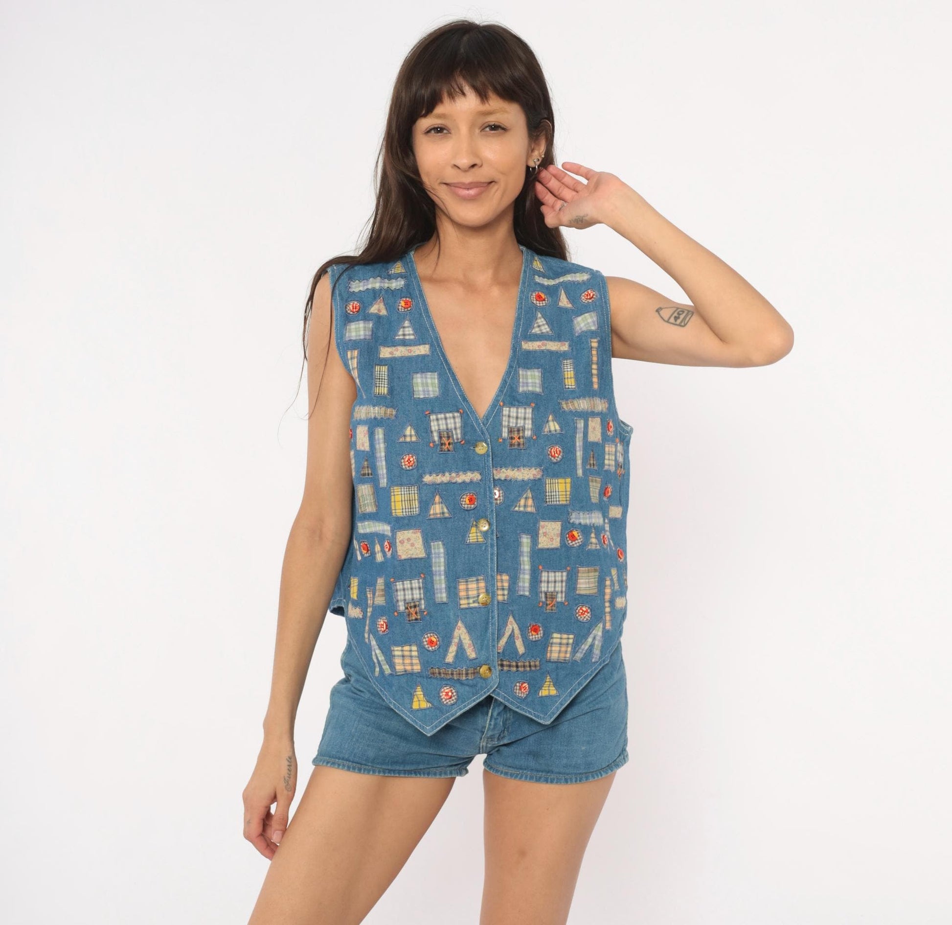 90s New Identity Patchwork Denim Vest Applique Plaid Floral Blue Extra Large XL