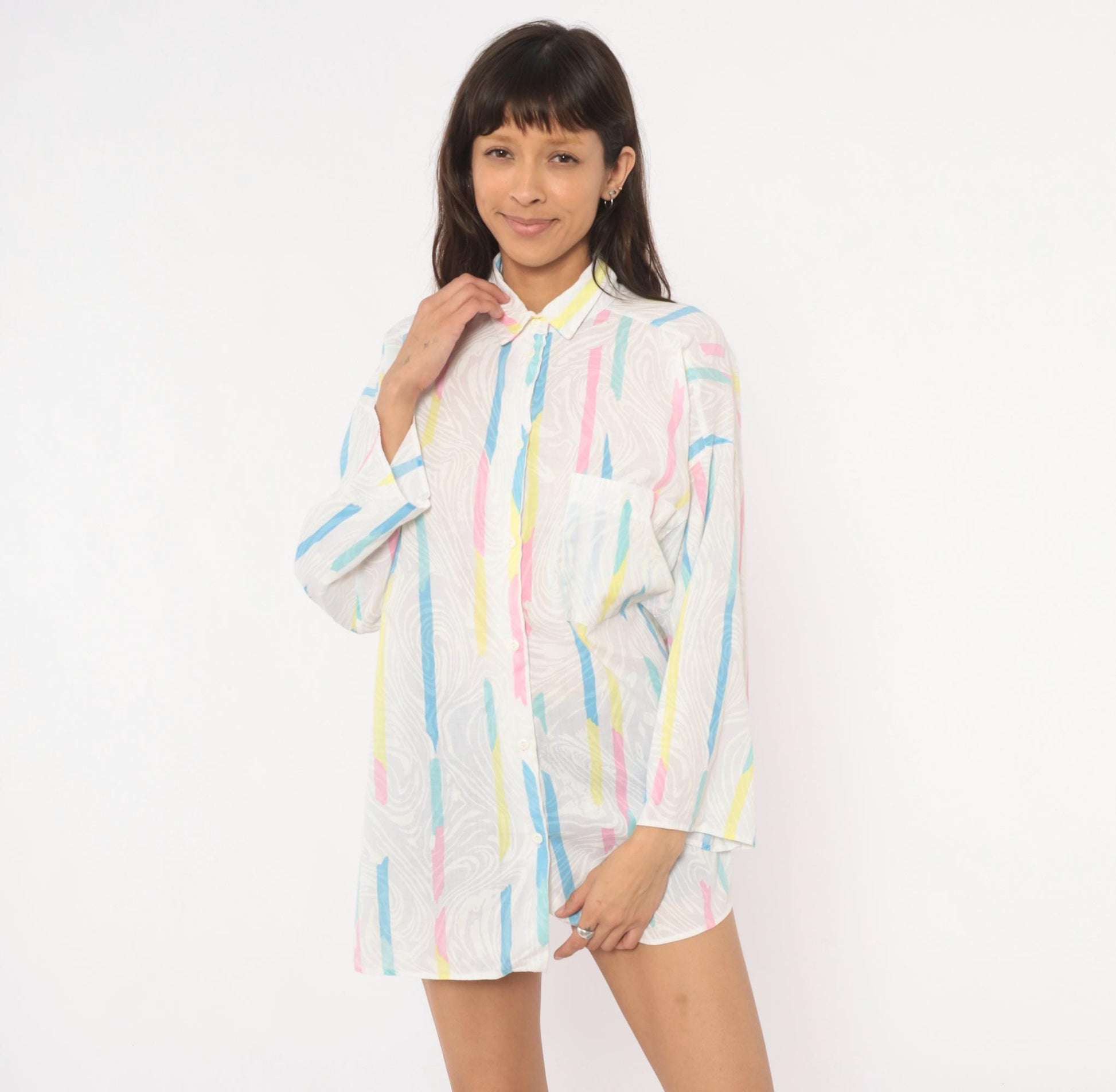 90s Ardmore Abstract Brushstroke Button Blouse Pink Blue Yellow Large L