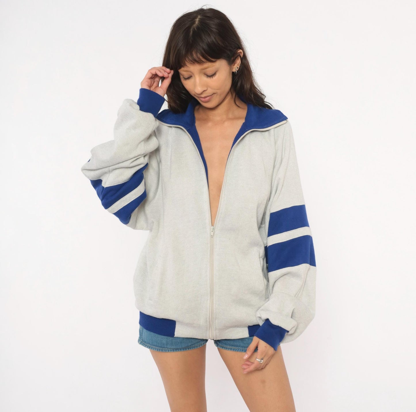 80s Omni LTD Colorblock Zip Sweatshirt Grey Cobalt Striped Large L