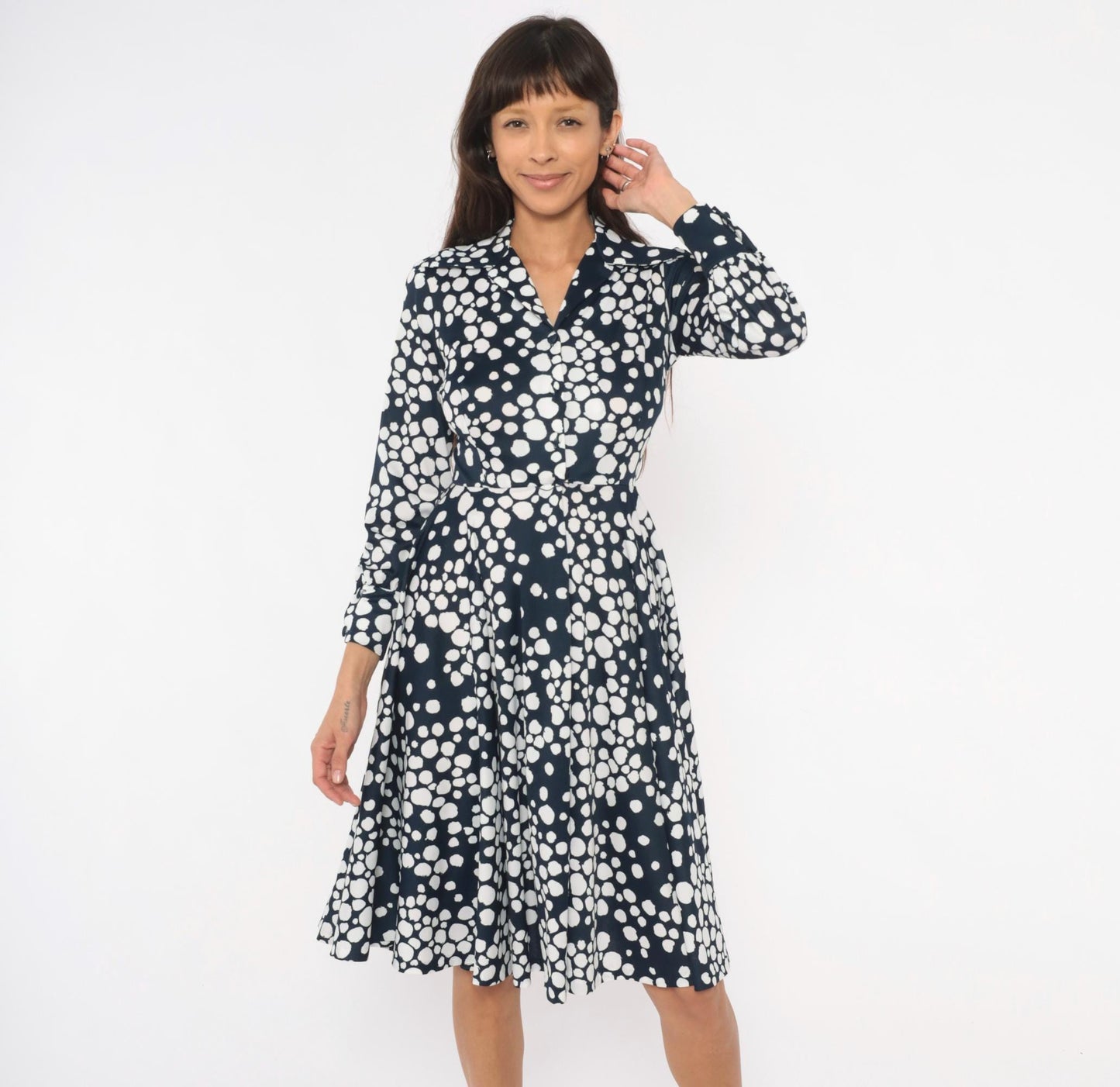 70s Gail Gray Navy Polka Dot Wrap Dress V Neck Button Front Knee Length Extra Small XS