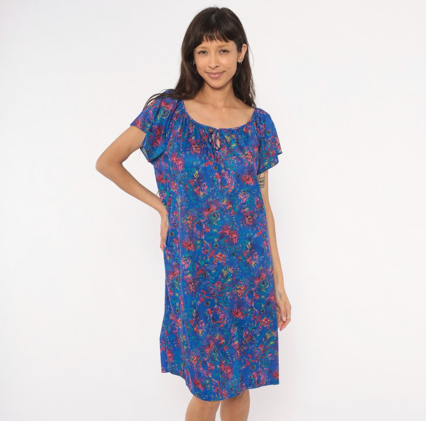 70s Improved Living Floral Shift Dress Cobalt Blue Knee-Length XL