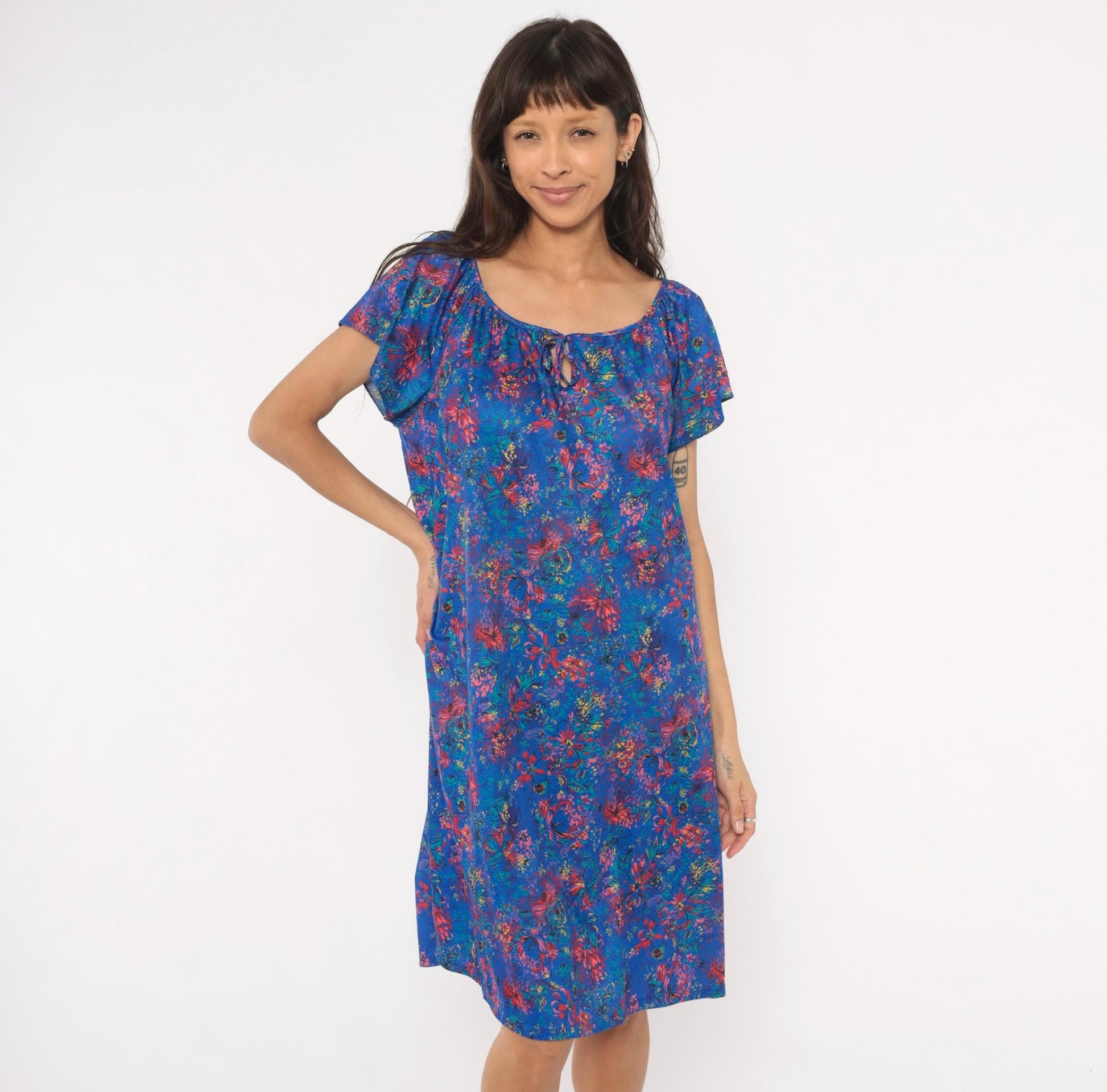 70s Improved Living Floral Shift Dress Cobalt Blue Knee-Length XL