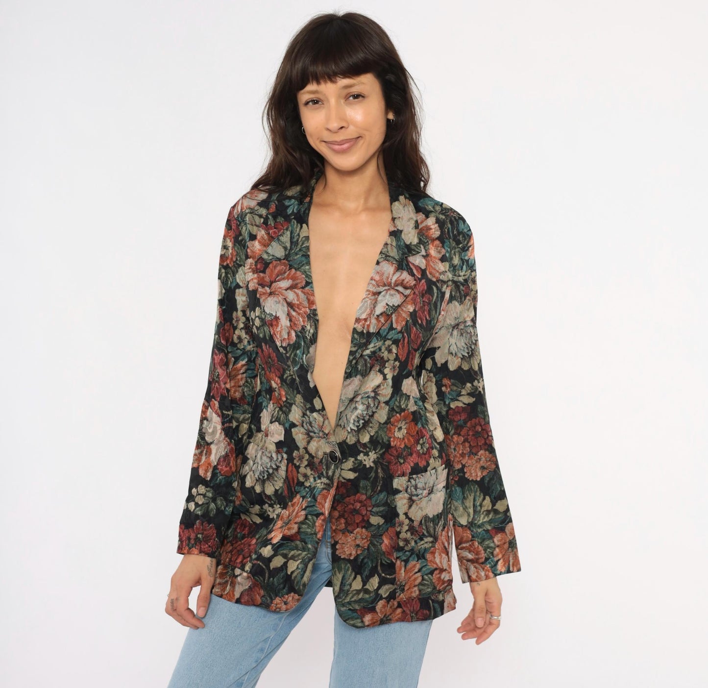 90s Laura Tyler Floral Blazer Black Botanical Jacquard Medium M