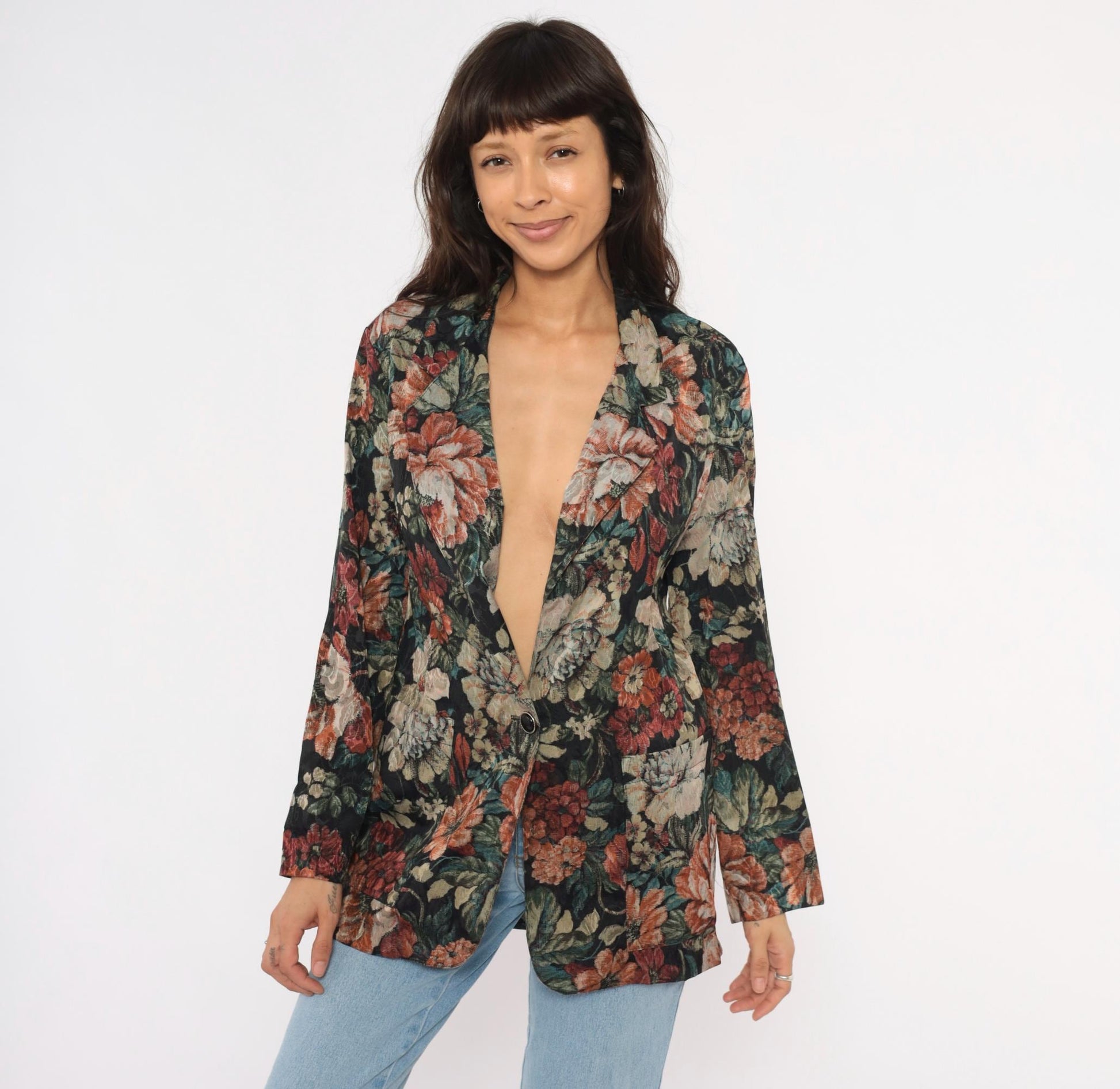 90s Laura Tyler Floral Blazer Black Botanical Jacquard Medium M