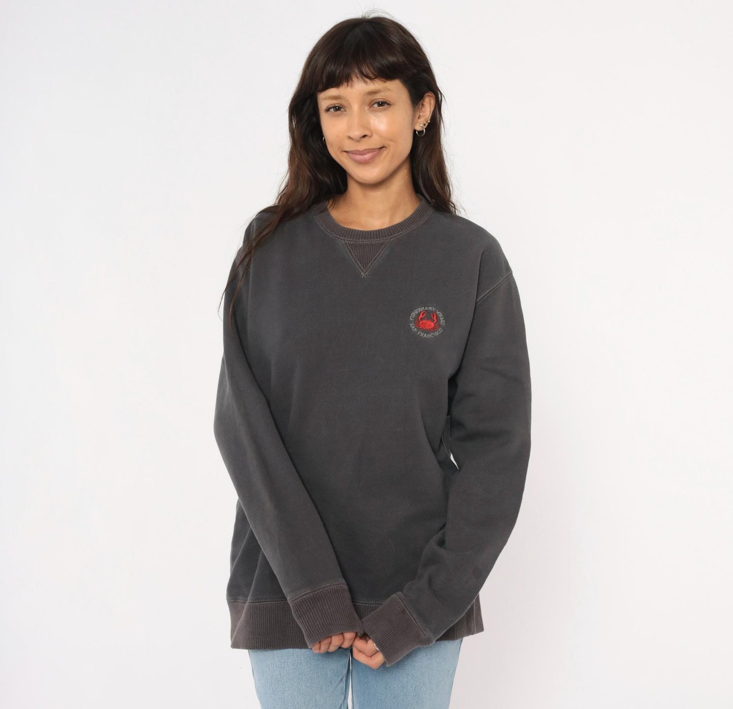 90s Crazy Shirts Fisherman's Wharf San Francisco Crab Embroidered Sweatshirt Charcoal Grey Medium M