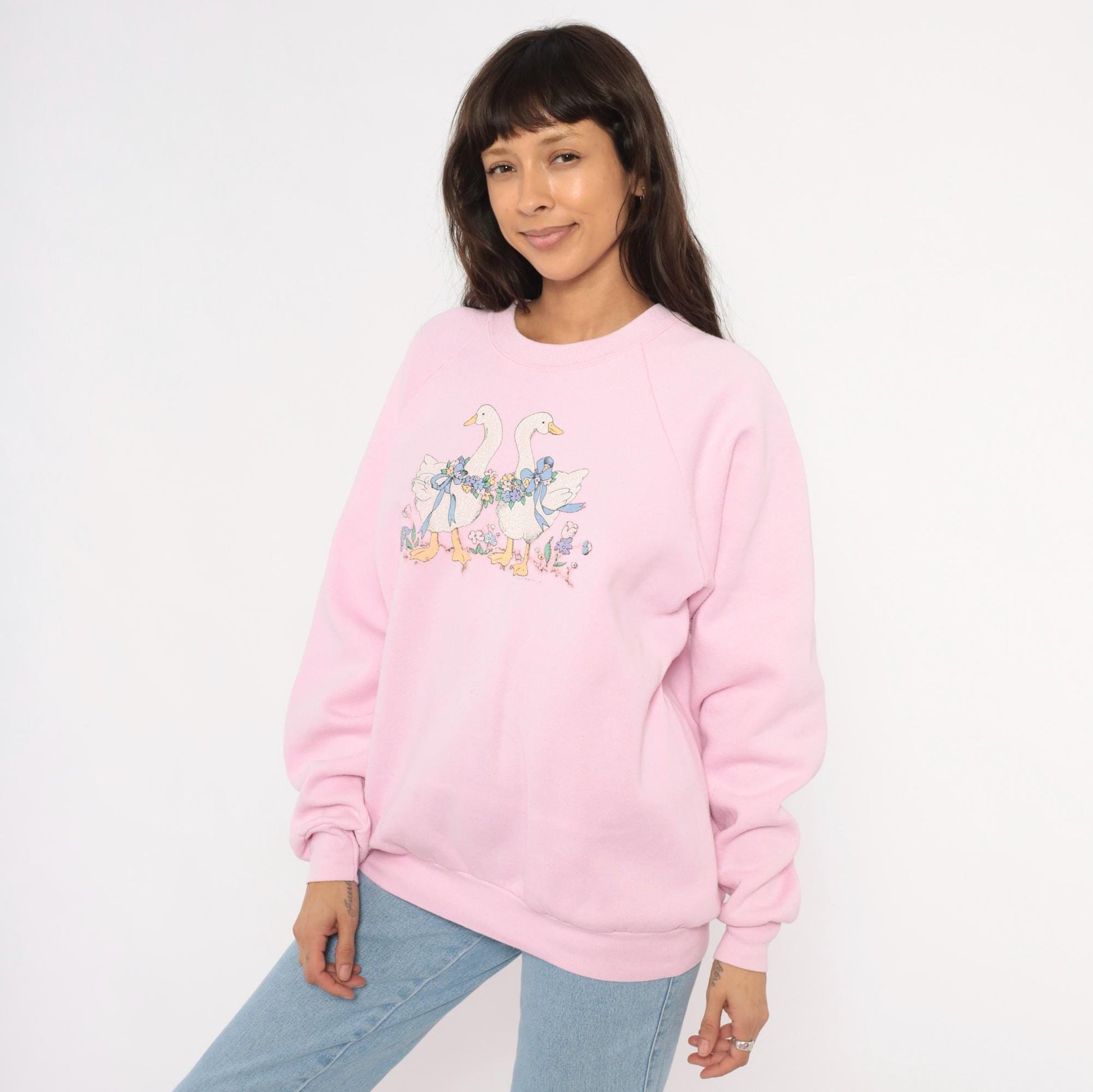 90s Pink Geese Crewneck Sweatshirt Raglan Sleeve Floral Graphic Cotton Large L