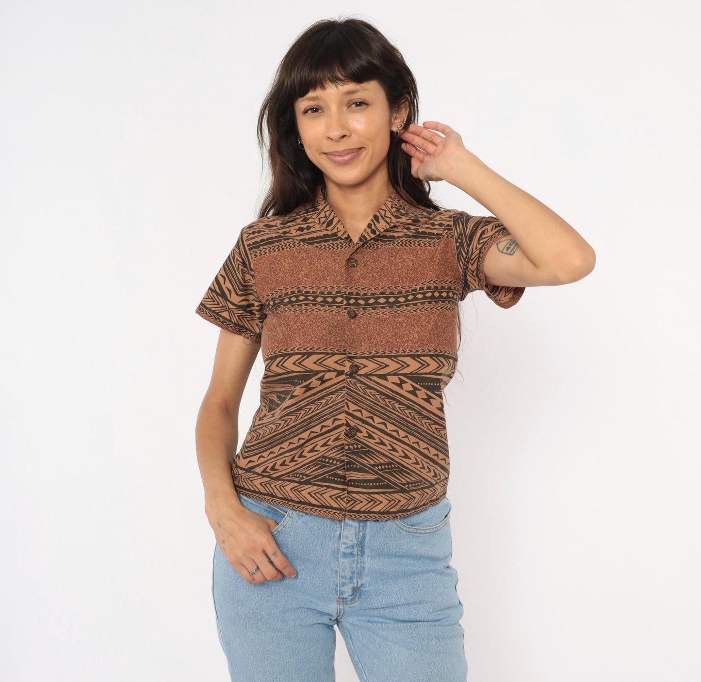 90s Tribal Print Button Camp Collar Shirt Brown Black Geometric XXS