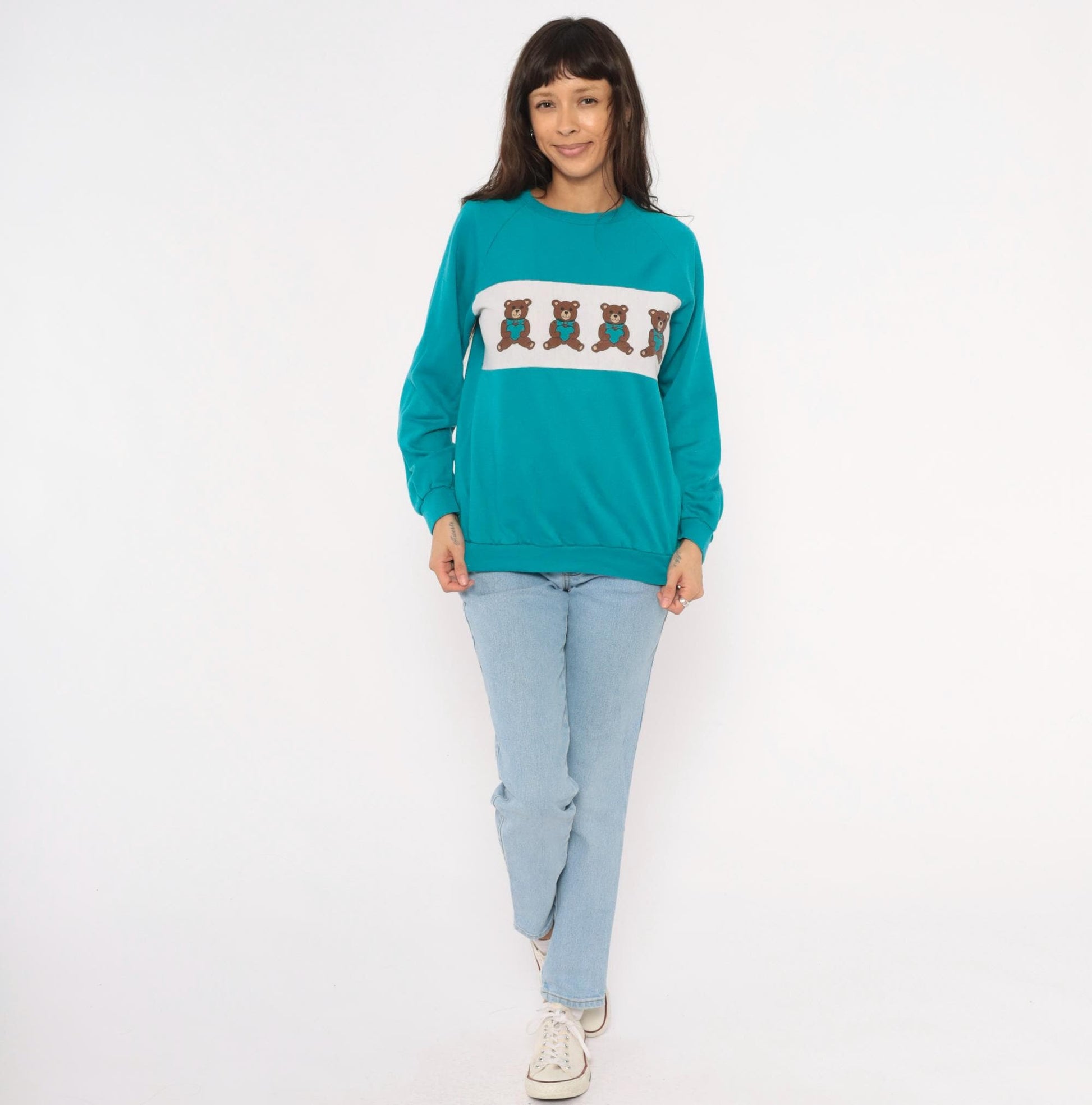 90s Teddy Bear Teal Crewneck Sweatshirt White Colorblock Raglan Medium