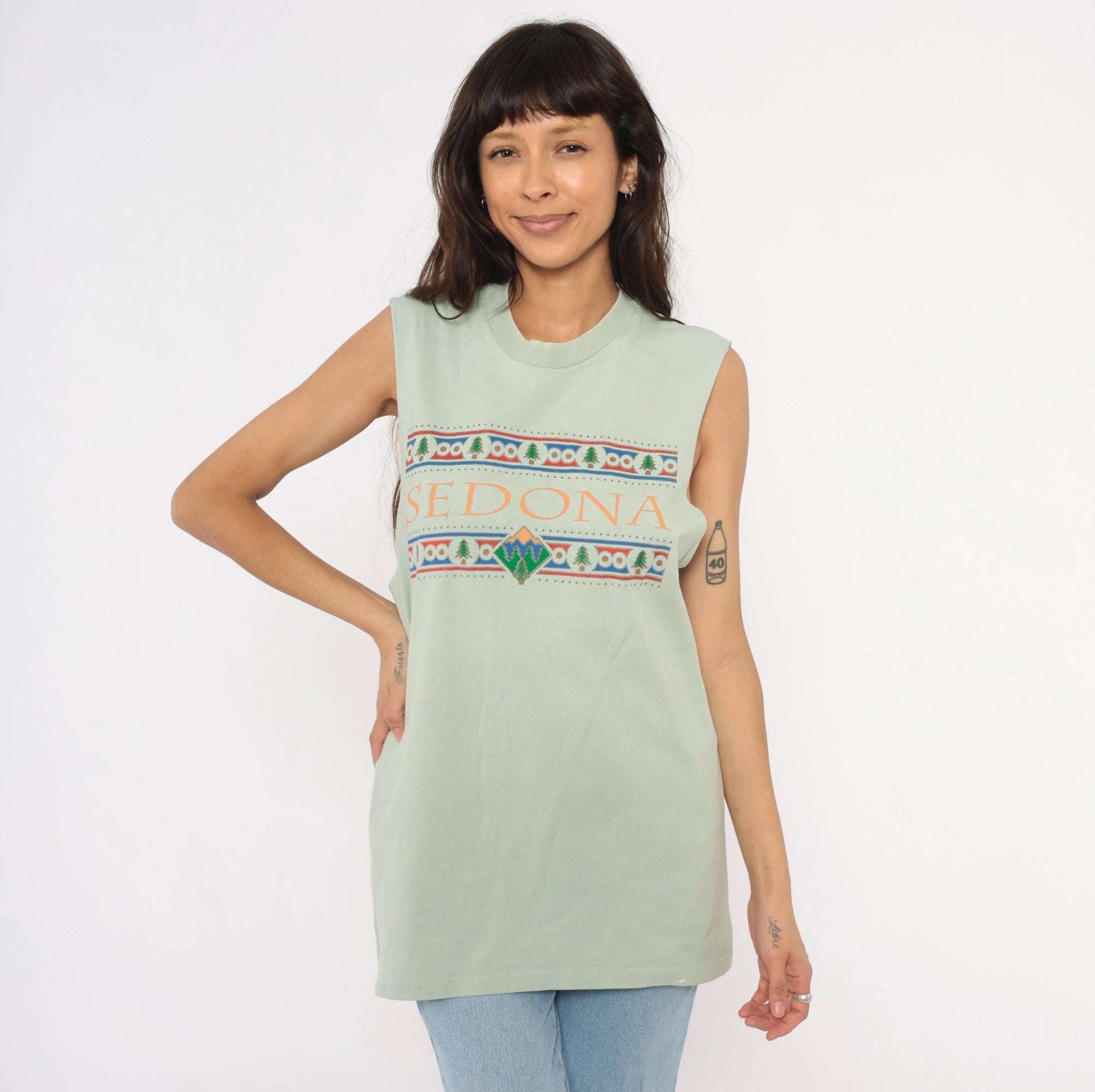 90s Anvil Sedona Arizona Sage Green Cotton Tank Top Graphic Mountain Tree Extra Large XL