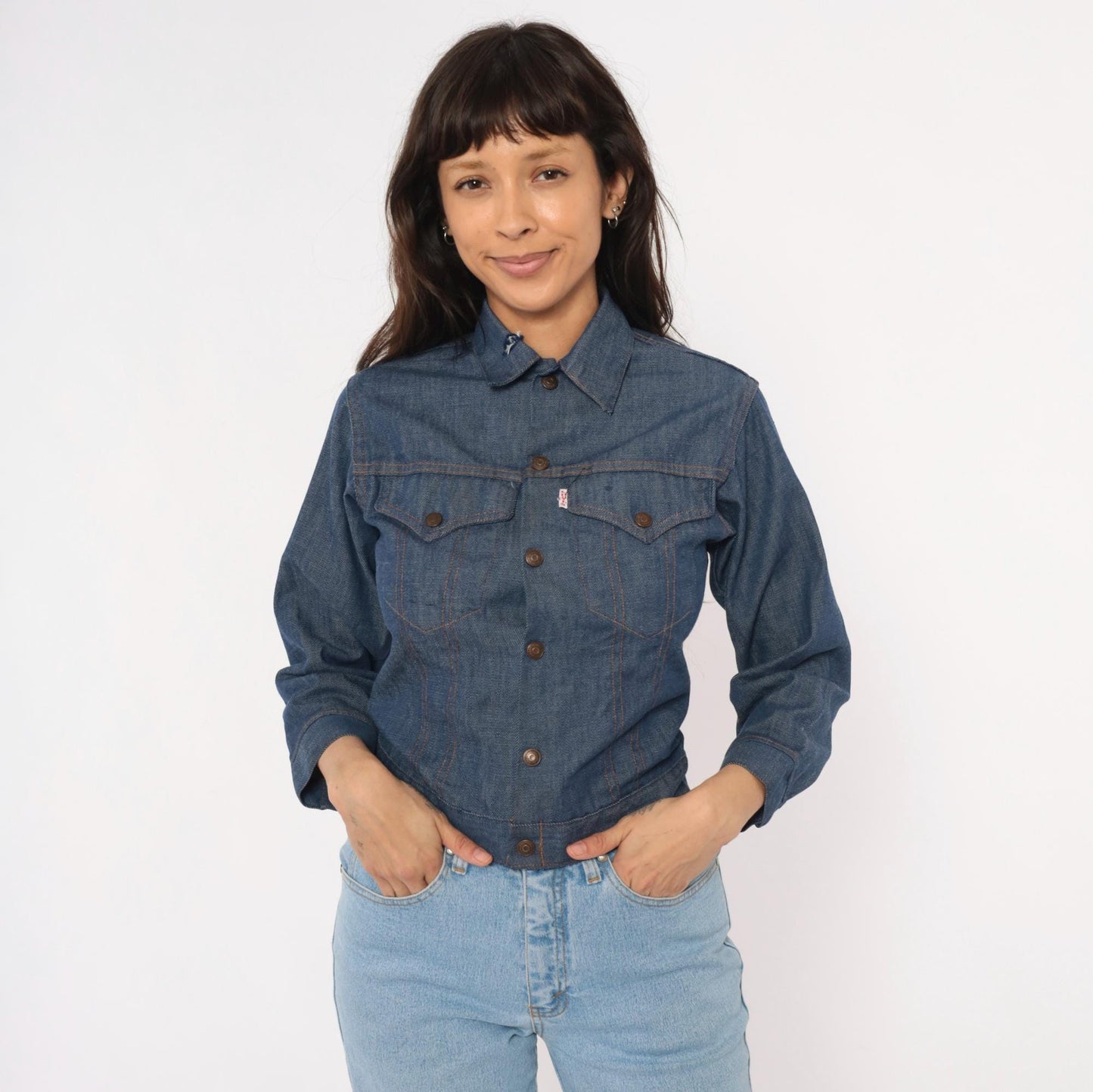 80s Levi's Denim Trucker Jacket Dark Indigo Snap Button Cropped Extra Small XS