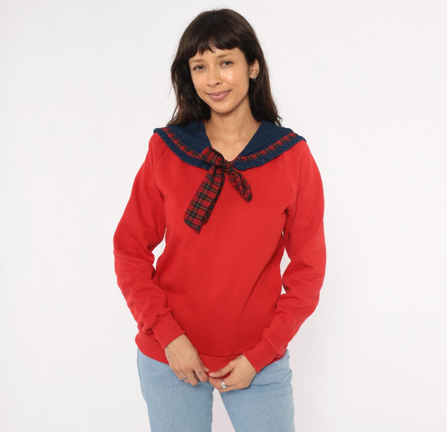 90s Jerzees Sailor Collar Sweatshirt Red Plaid Bow Denim Bib Medium M
