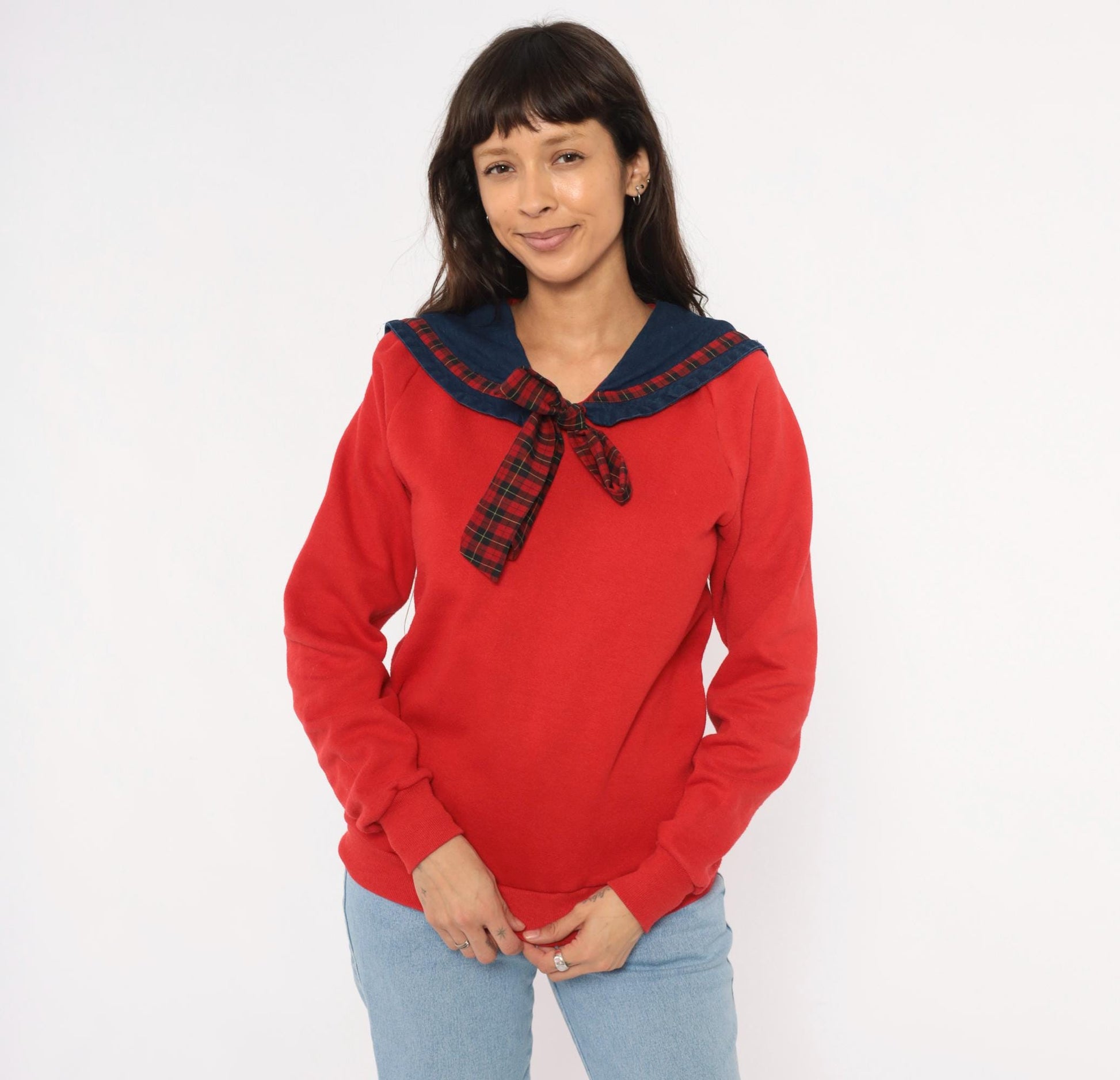 90s Jerzees Sailor Collar Sweatshirt Red Plaid Bow Denim Bib Medium M