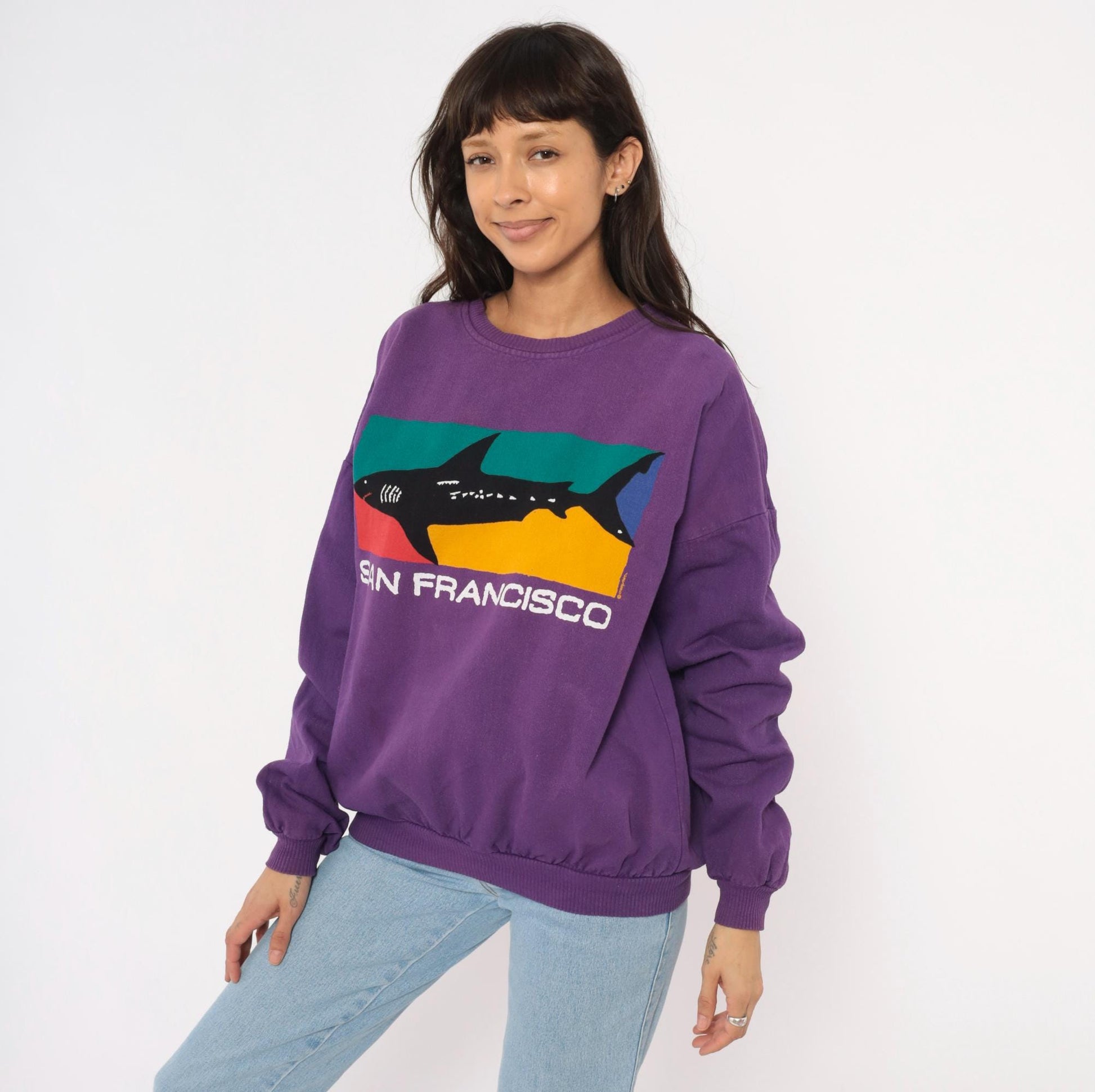 90s Crazy Shirt San Francisco Shark Colorblock Sweatshirt Purple Medium