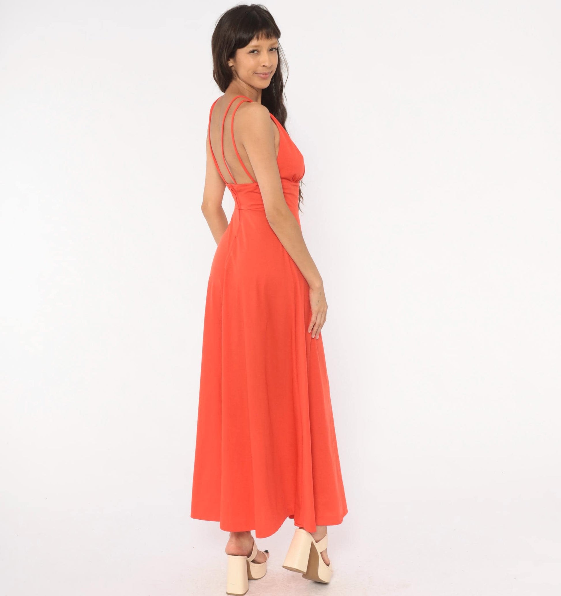 70s Misty Lane Coral Halter Maxi Dress Keyhole Neckline Extra Small XS