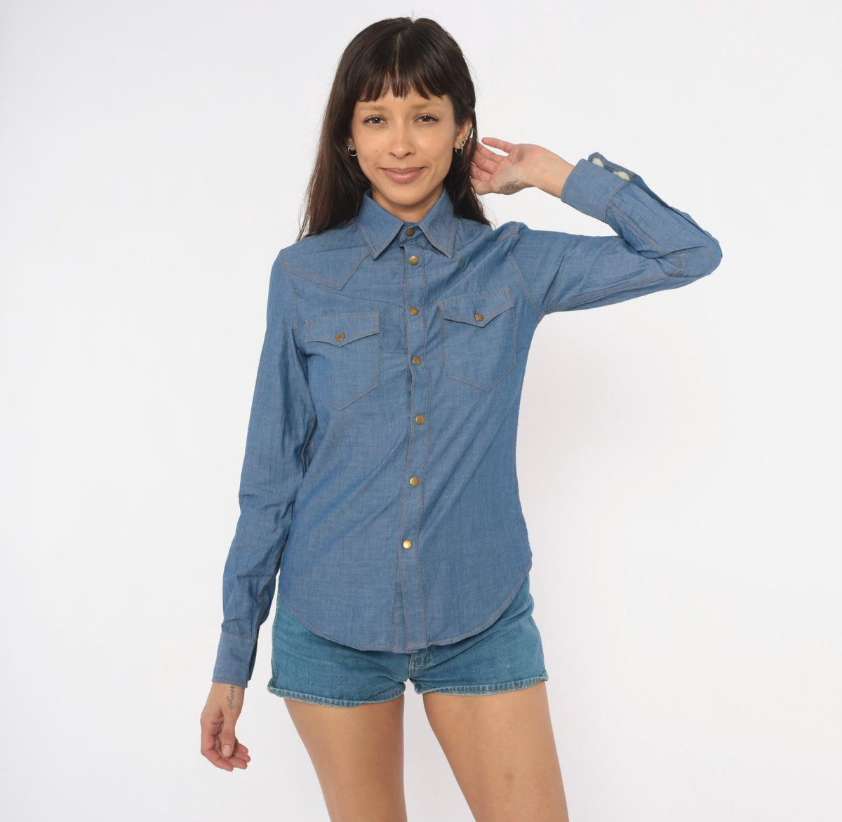 80s O'Harrow Western Chambray Shirt Pearl Snap Button Blue Cotton Small