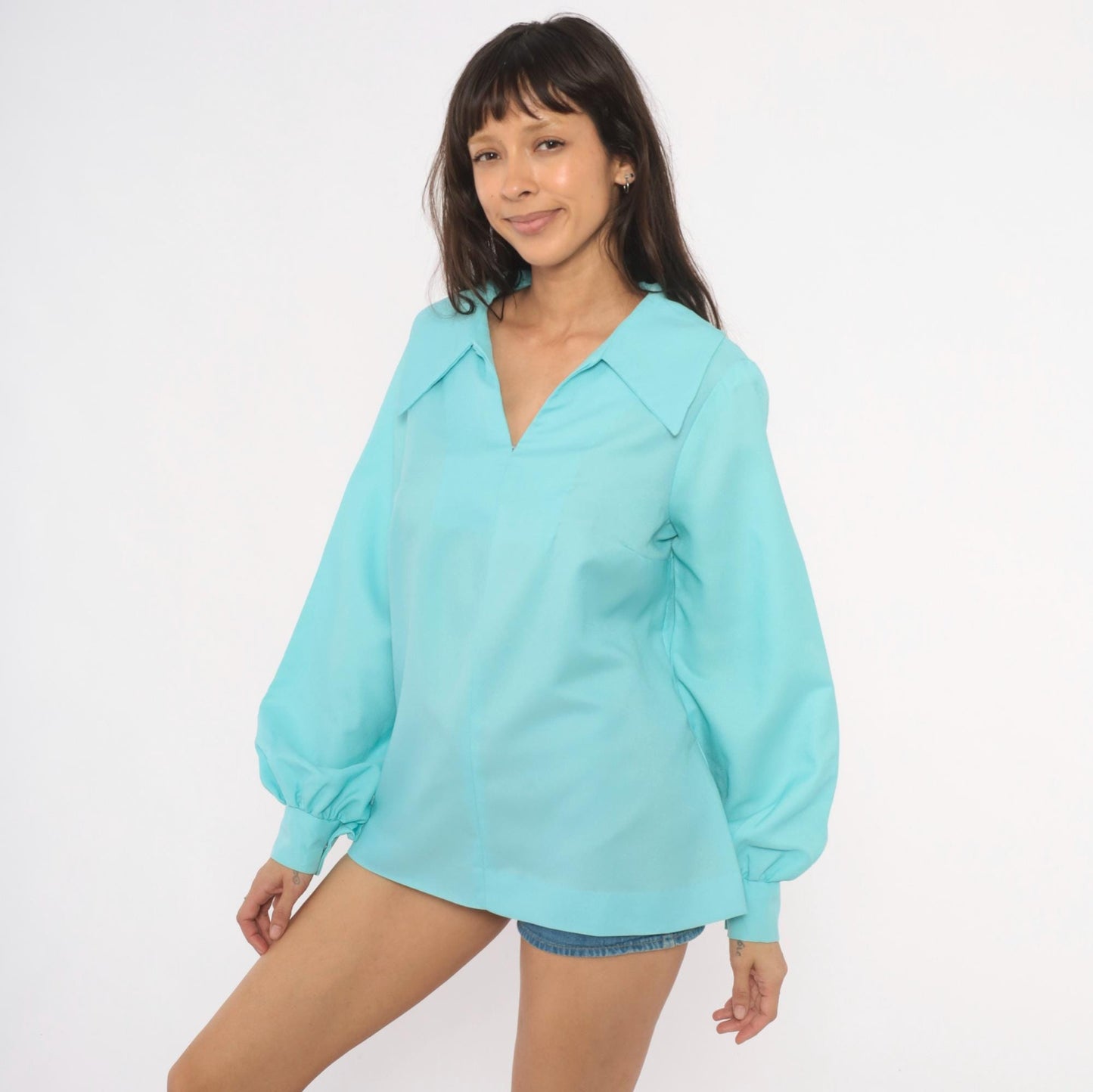 70s Aqua Pullover Blouse V Neck Bishop Sleeve Tunic Large L