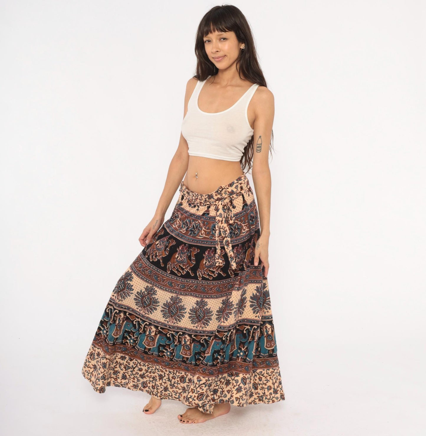 90s Indian Block Print Cotton Wrap Skirt Elephant Peacock Tan Black Teal Small-Large