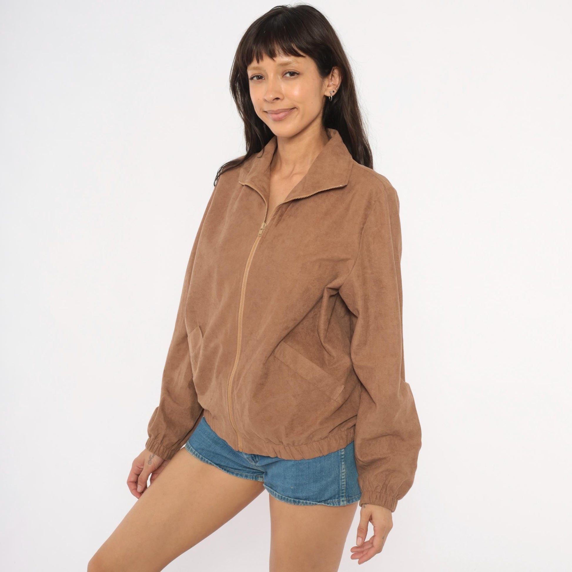80s Blair Tan Faux Suede Bomber Jacket Zip Harrington Collar Medium