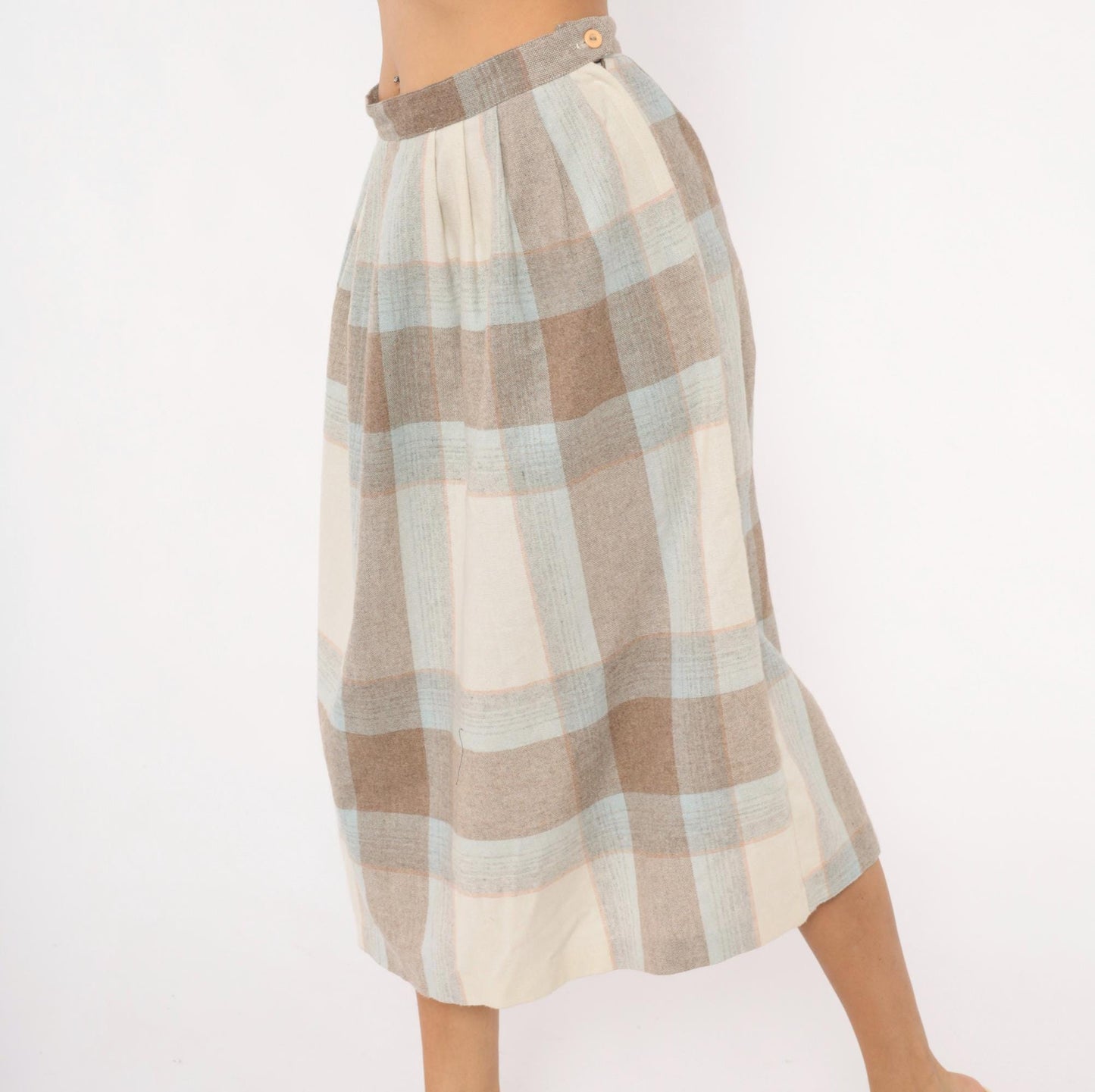 80s Wool Blend Plaid Midi Skirt Tan Cream Powder Blue Pleated Medium M