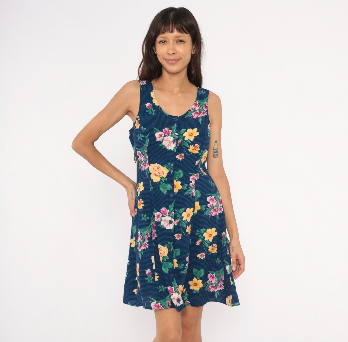 90s Tr Bentley Floral Sundress Navy Blue Yellow Rose Print Medium M