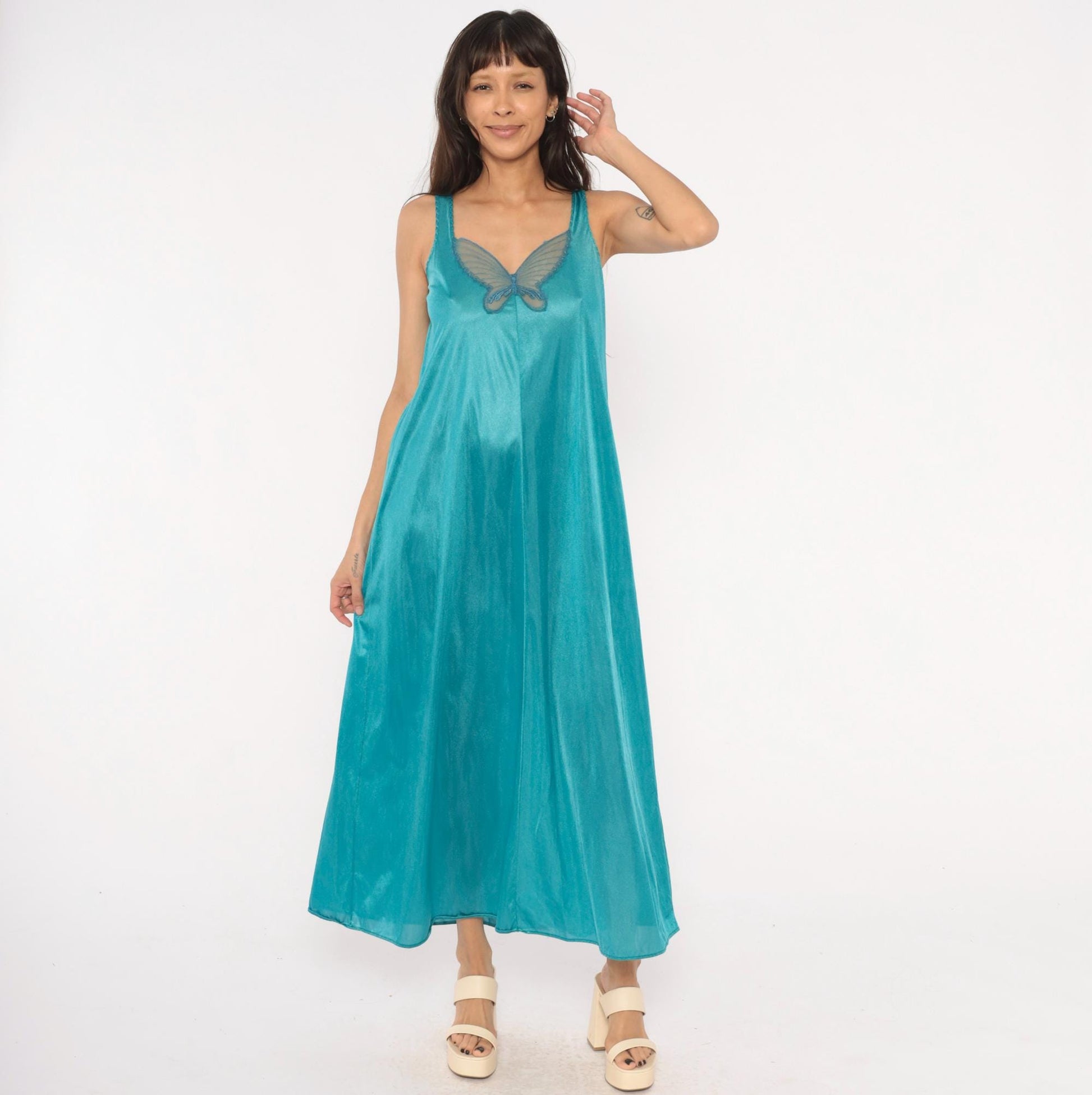 70s Undercover Wear Teal Maxi Nightgown Butterfly Mesh V-Neck Small