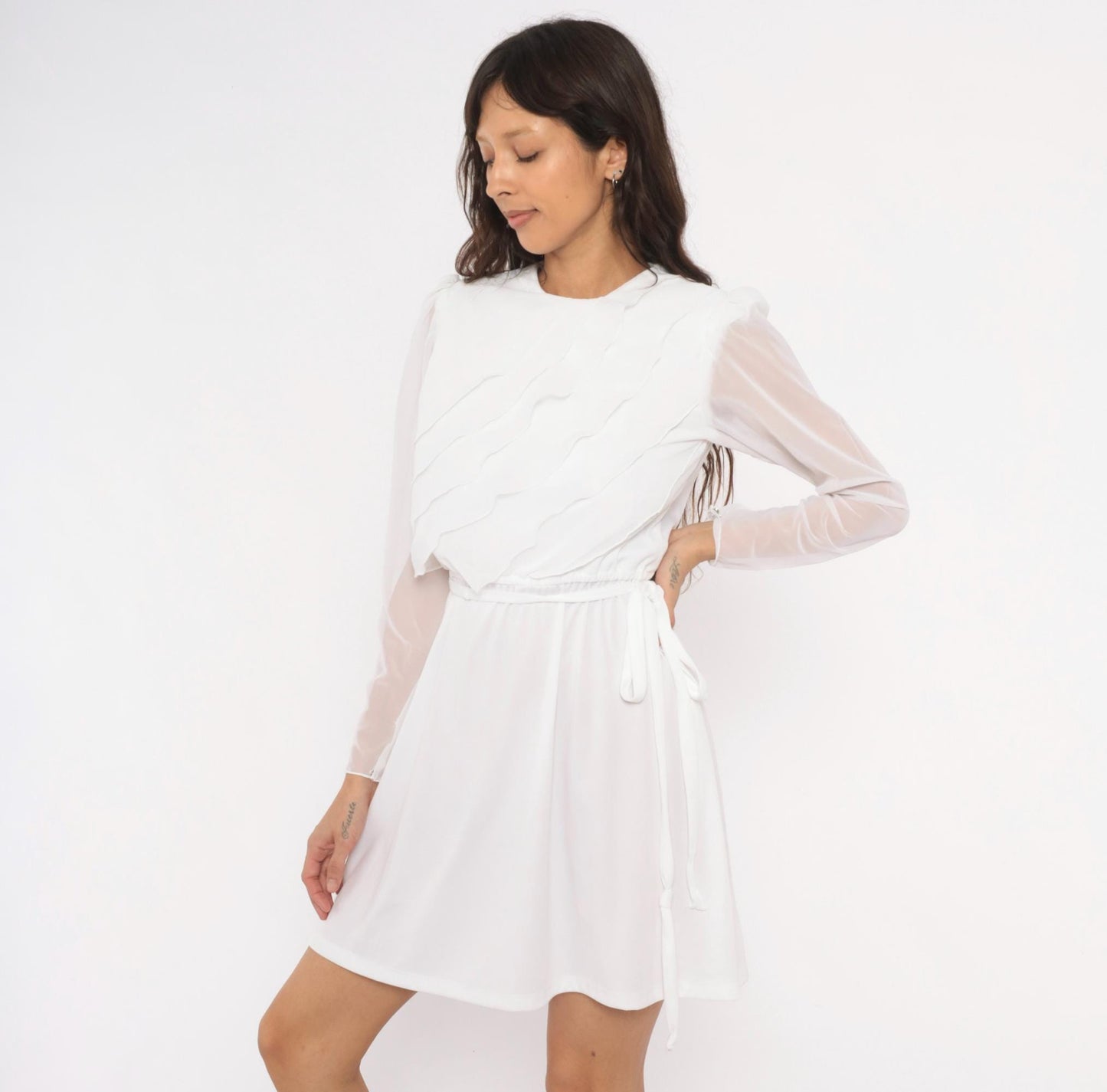 70s White Mini Dress Tiered Ruffle Chiffon Long Sleeve Crew Neck Small