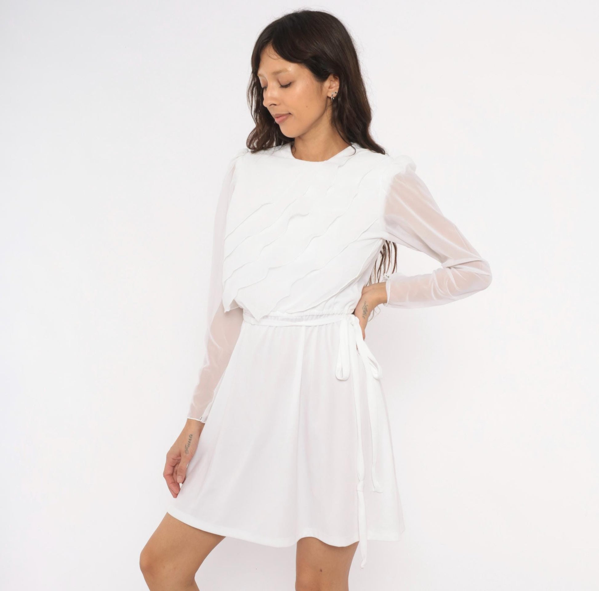 70s White Mini Dress Tiered Ruffle Chiffon Long Sleeve Crew Neck Small
