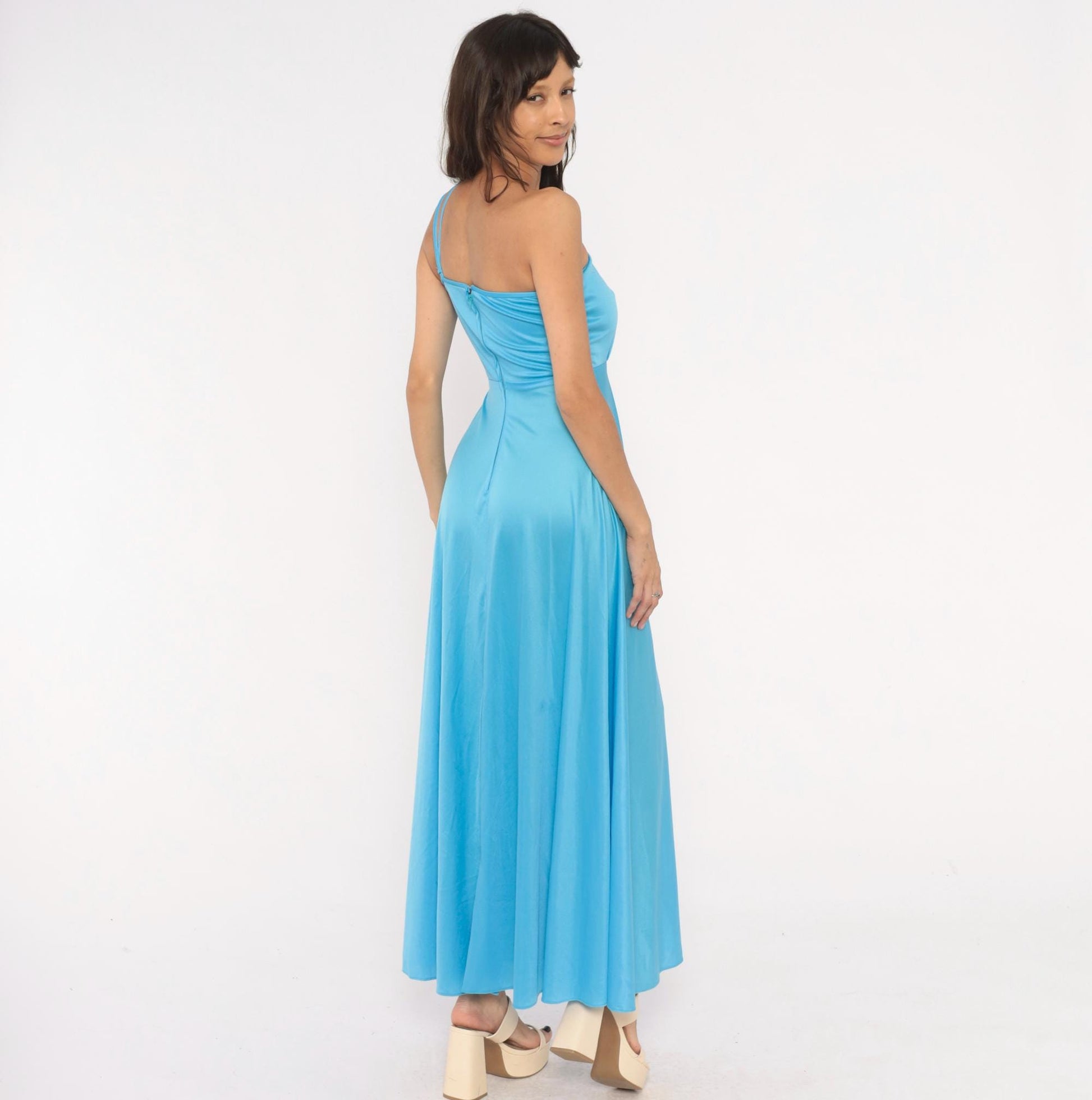 70s Sky Blue One-Shoulder Maxi Gown Asymmetric Draped Bodice Floor Length Extra Small XS