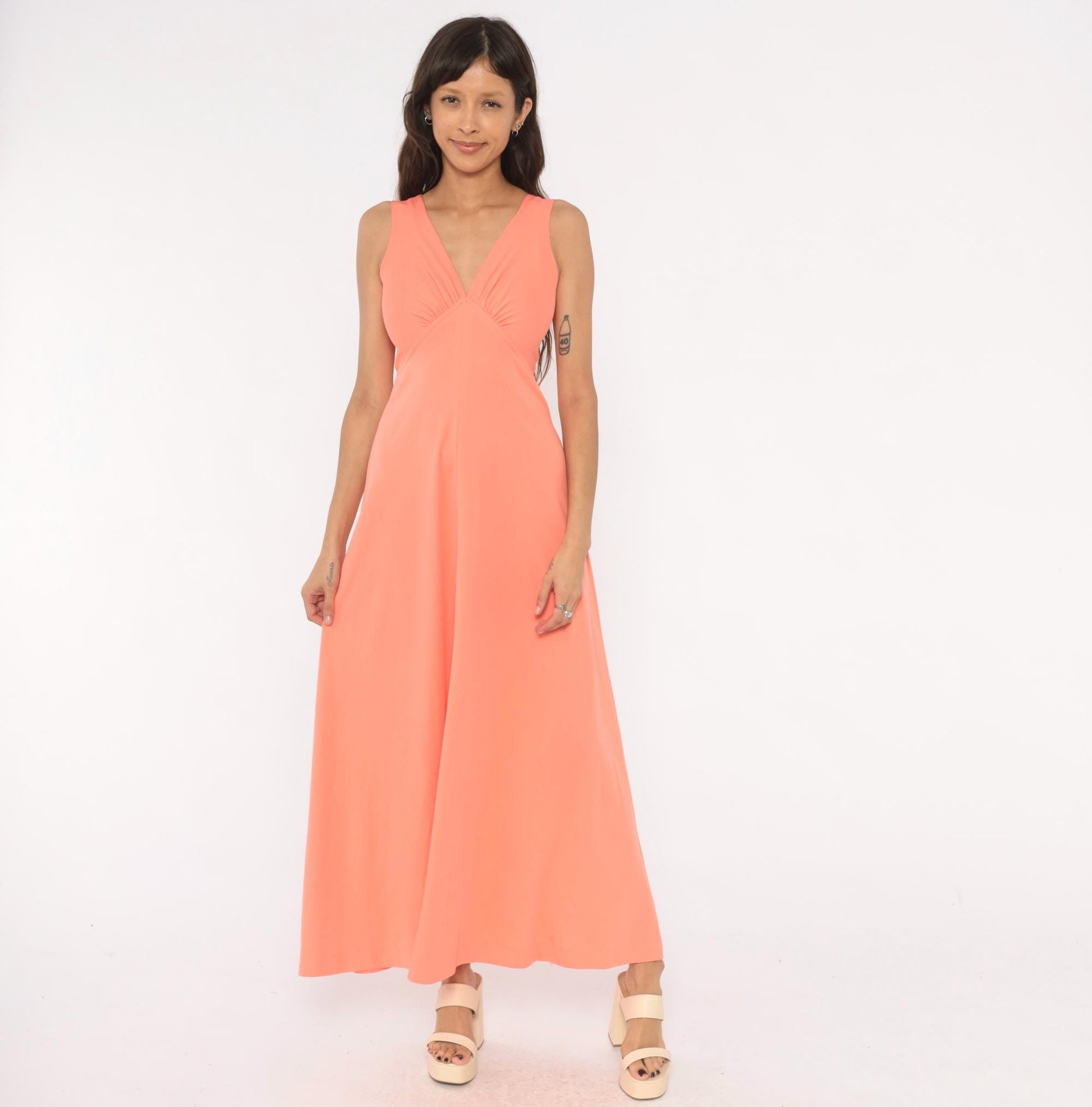 70s Coral Maxi Dress Sleeveless V Neck Empire Waist A-Line Small S