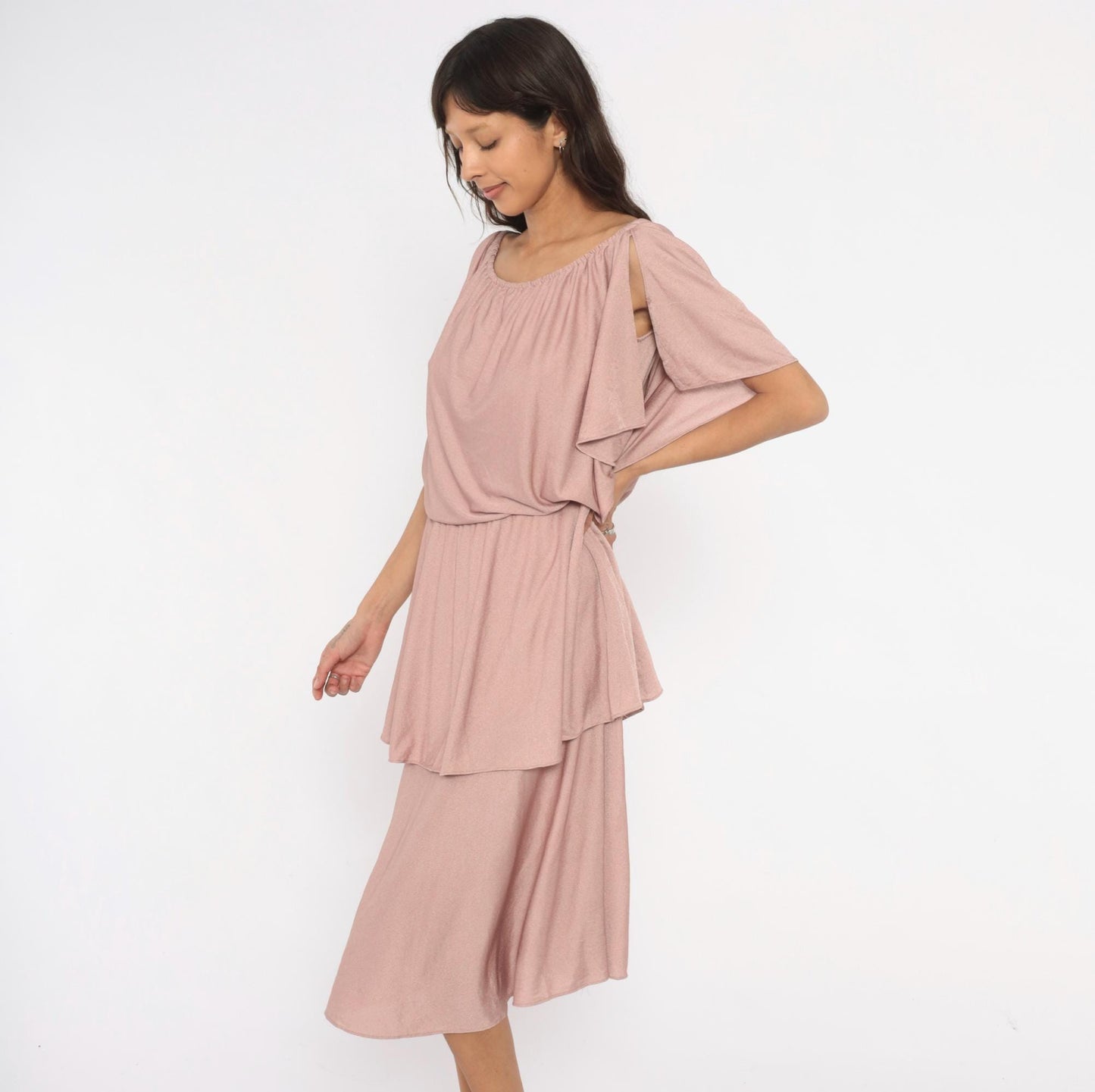 70s The Dress Mauve Tiered Midi Dress Flutter Sleeve Cold Shoulder Medium