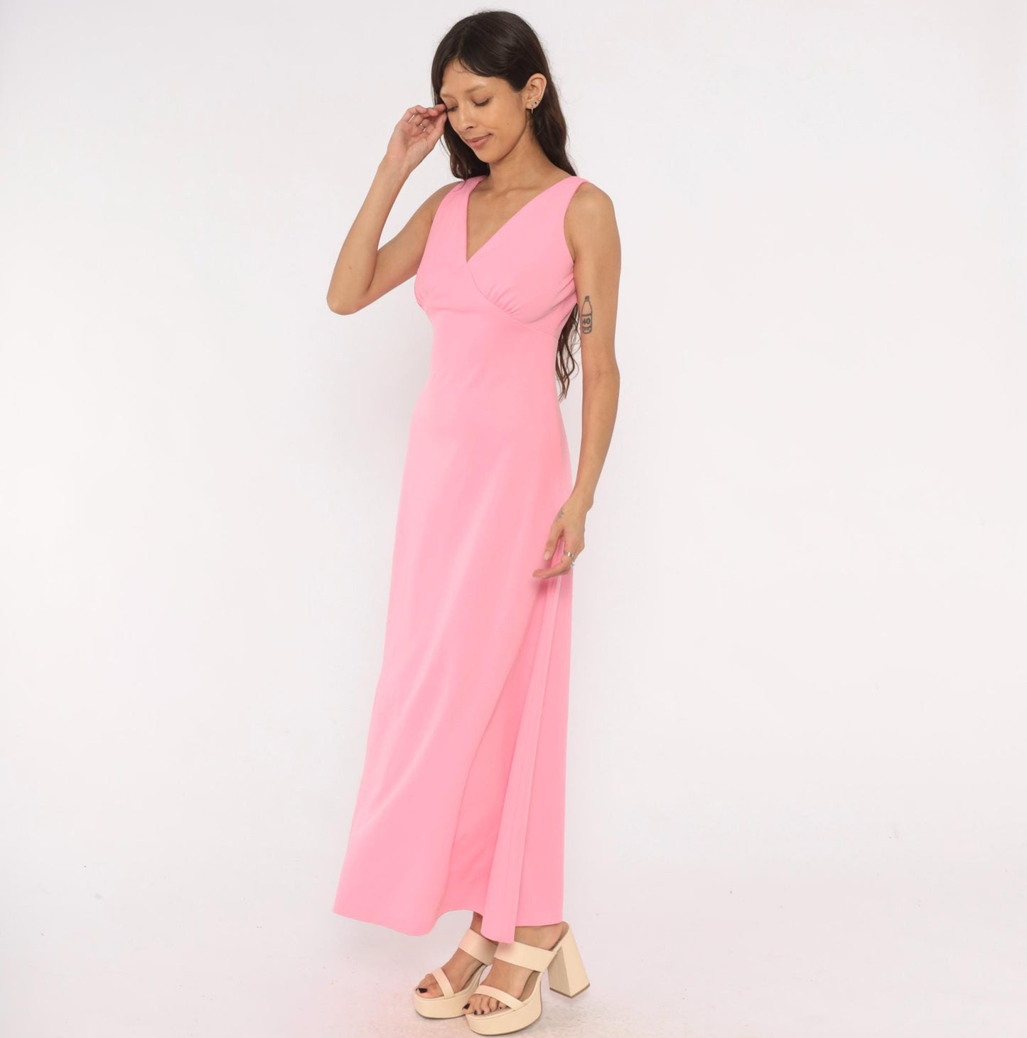 70s Bubblegum Pink Maxi Dress V Neck Empire Waist A Line Ankle Length Medium M