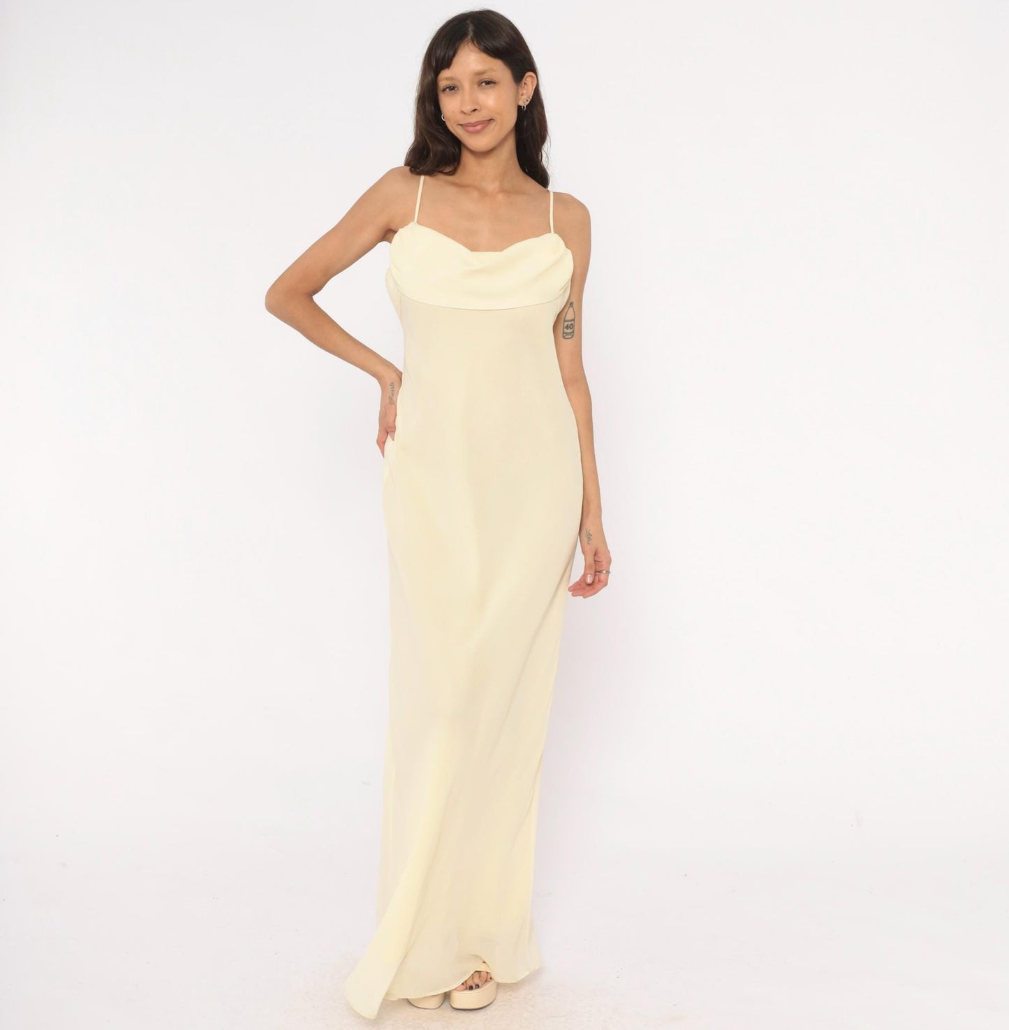 70s Jody Pale Yellow Cowl Neck Maxi Gown Spaghetti Strap Medium M