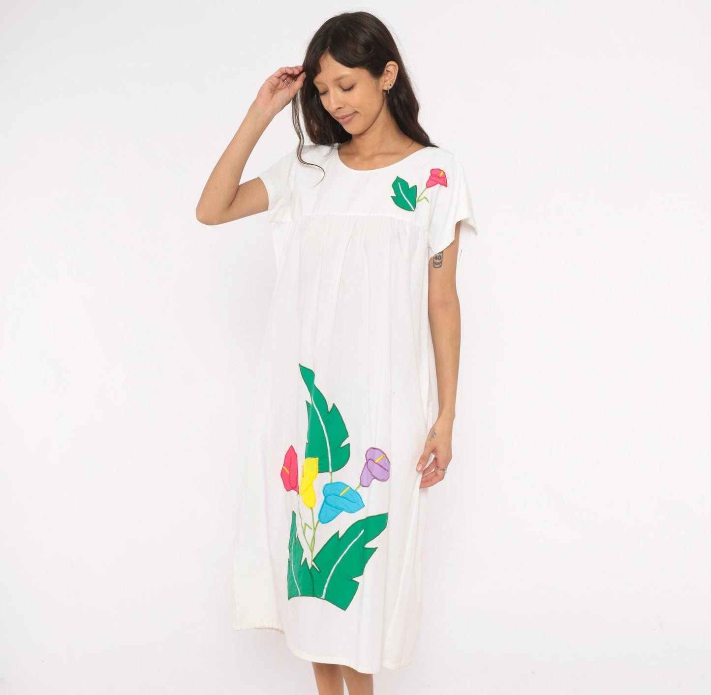 90s Bordados Tiscareño Tropical Appliqué Midi Dress White Cotton Calla Lily Large