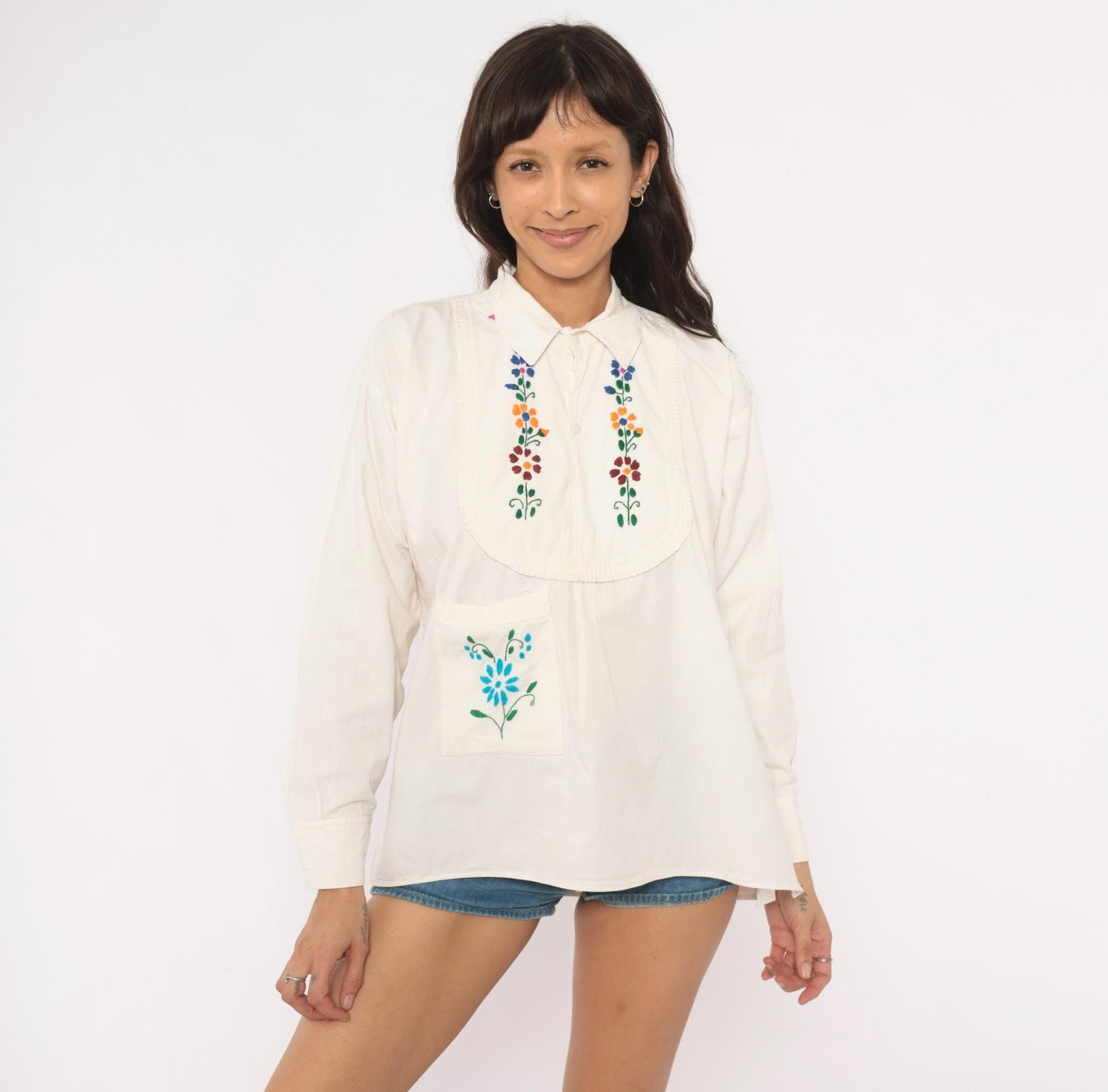 70s Mexican Embroidered Floral Blouse Cream Cotton Peasant Top Medium