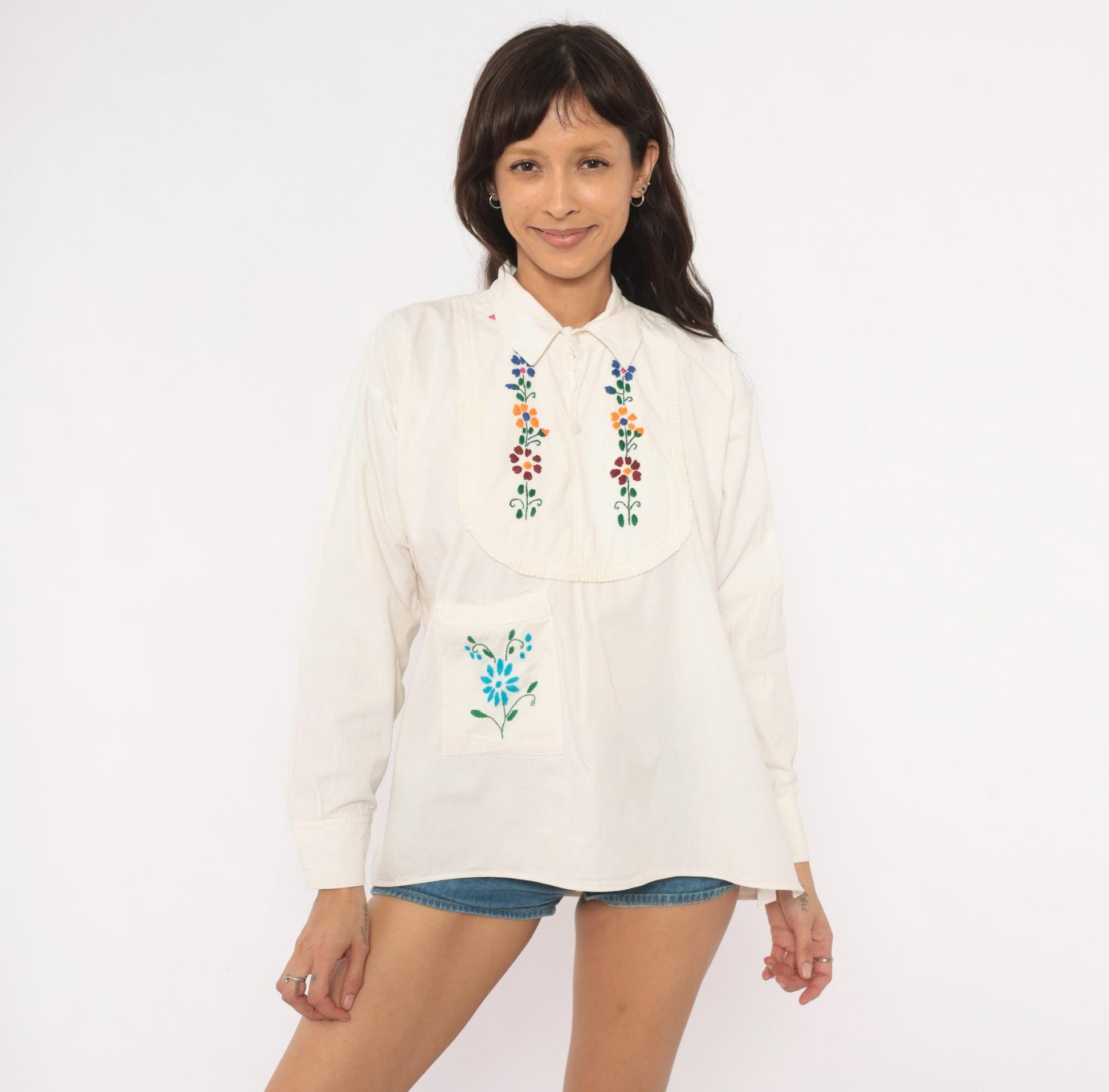 70s Mexican Embroidered Floral Blouse Cream Cotton Peasant Top Medium