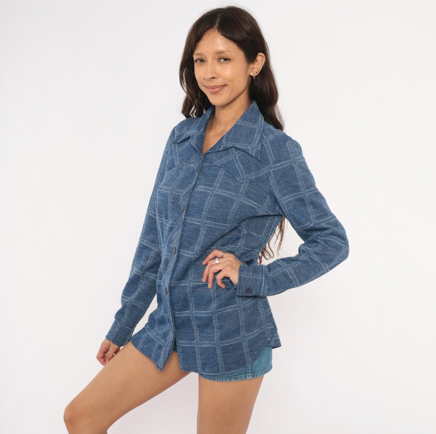 70s Sears Fashions Windowpane Plaid Shirt Navy Blue Pointed Collar Tunic Large