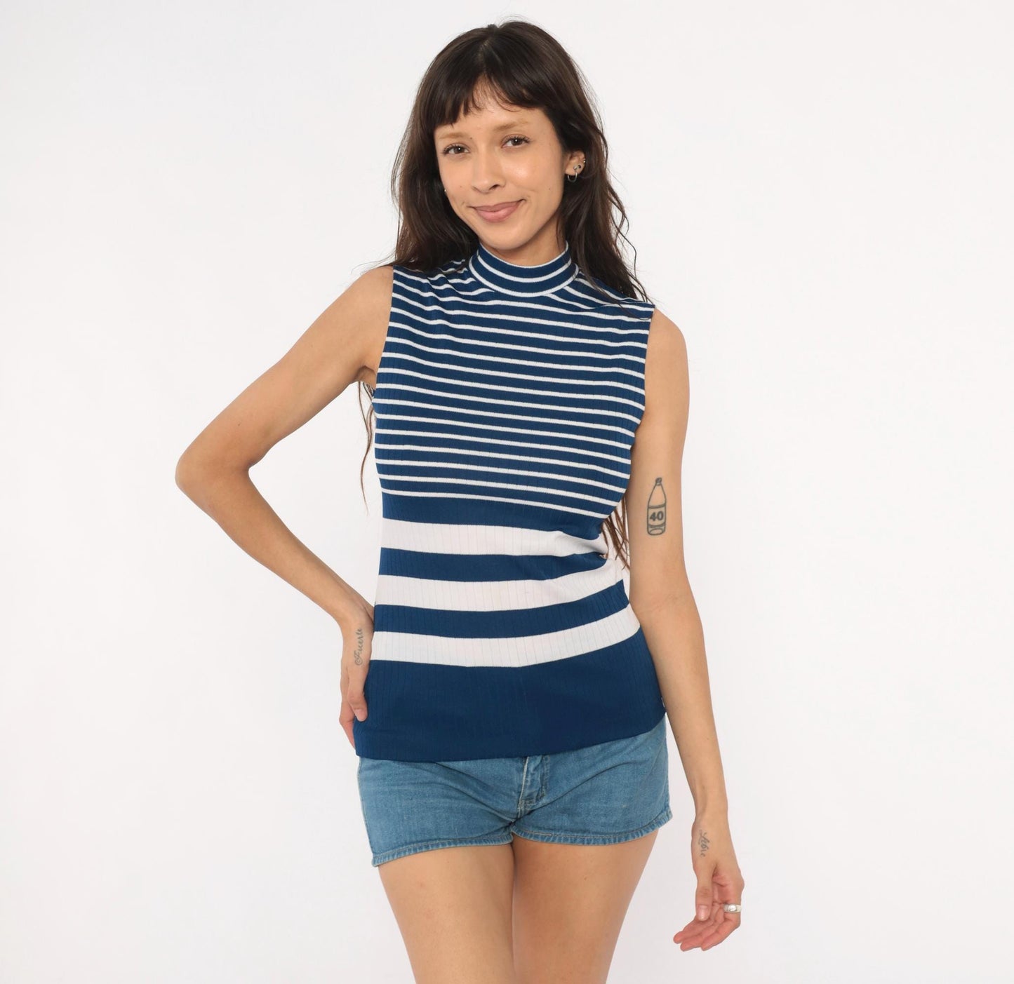 70s Navy White Striped Mock Neck Tank Ribbed Knit Sleeveless Top Small