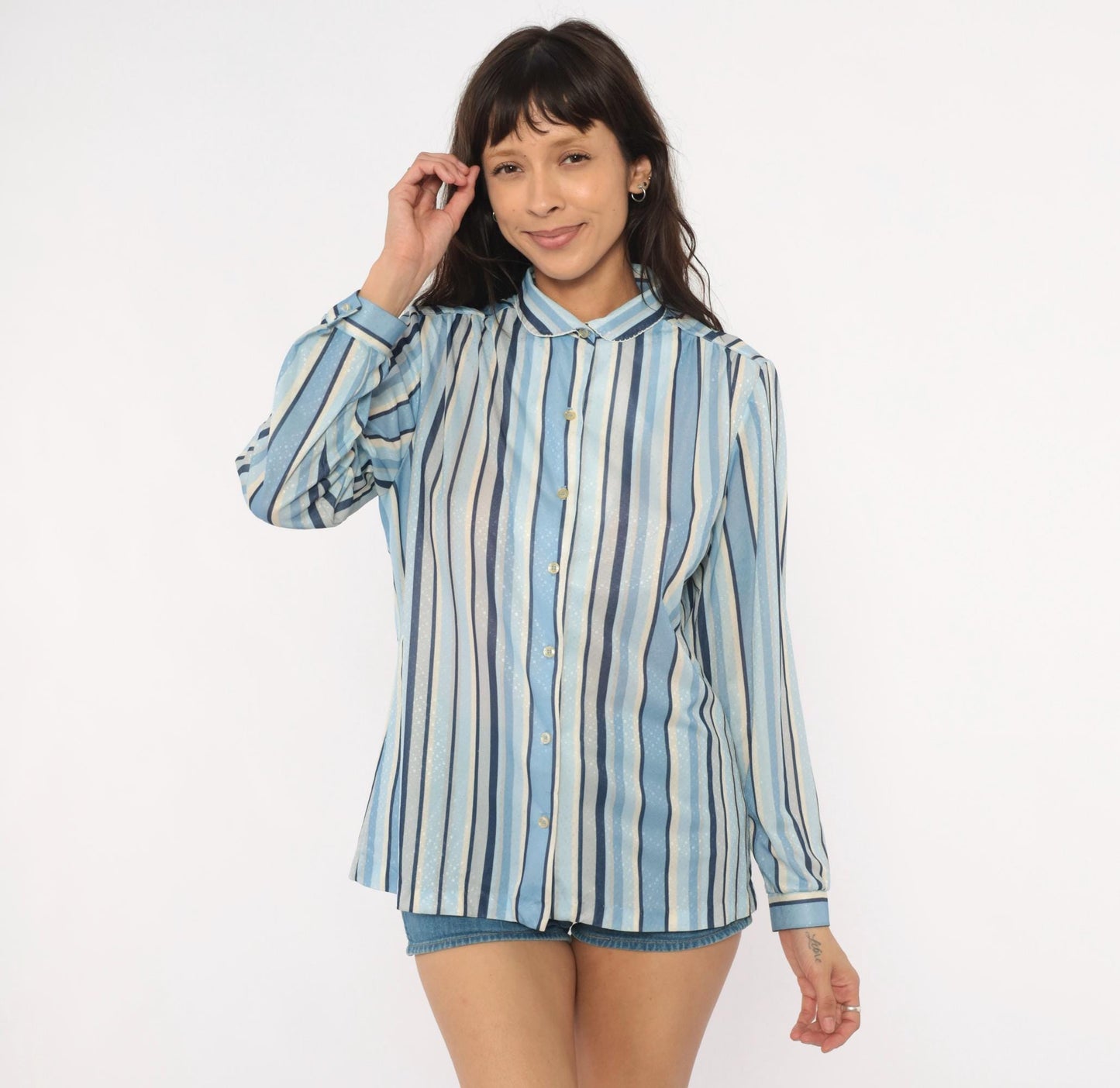 70s Queen Casuals Striped Button Blouse Peter Pan Collar Navy Cream Medium M