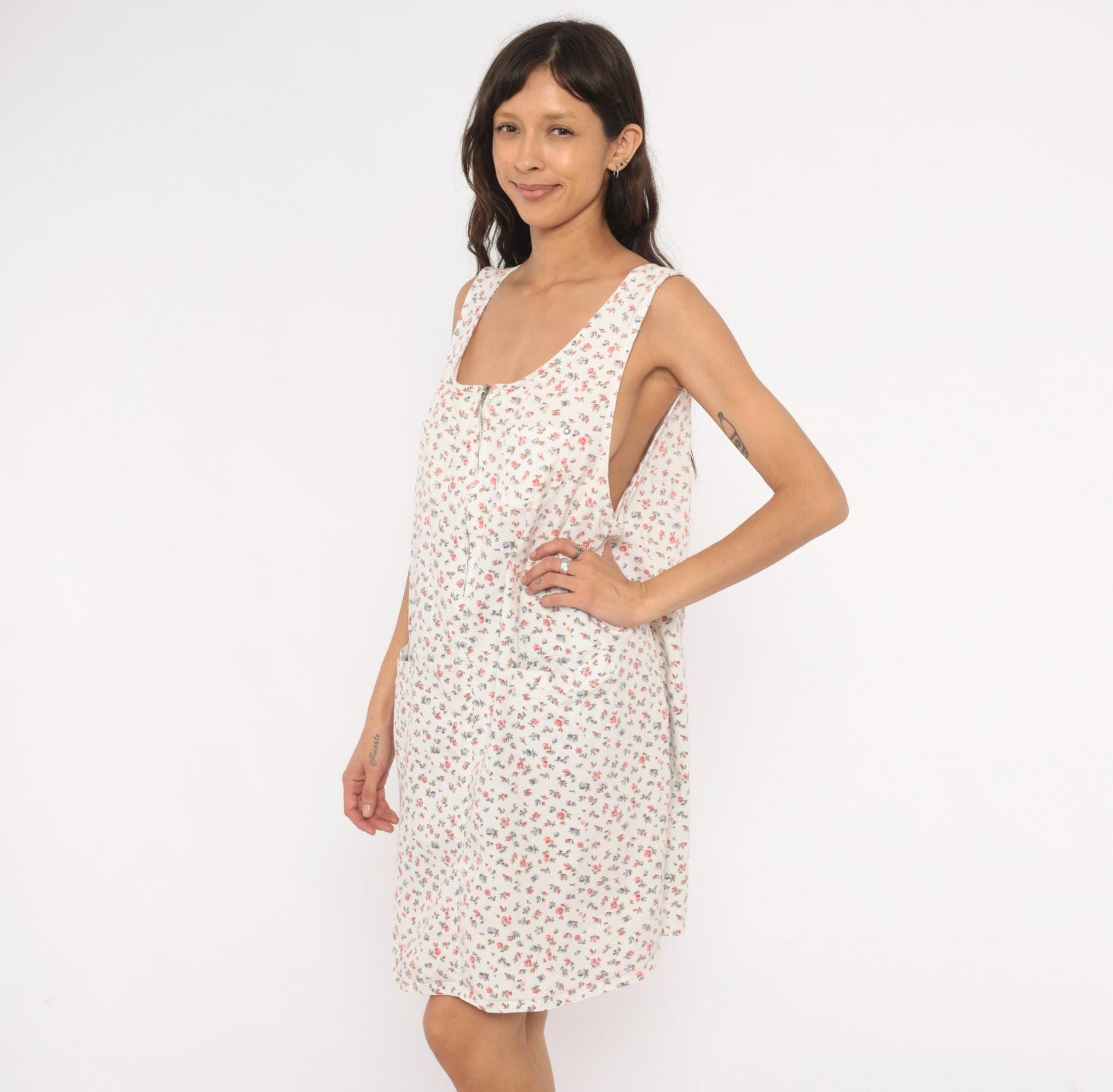 90s Take Nine Maternity Floral Jumper Dress White Cotton Knee-Length Large L
