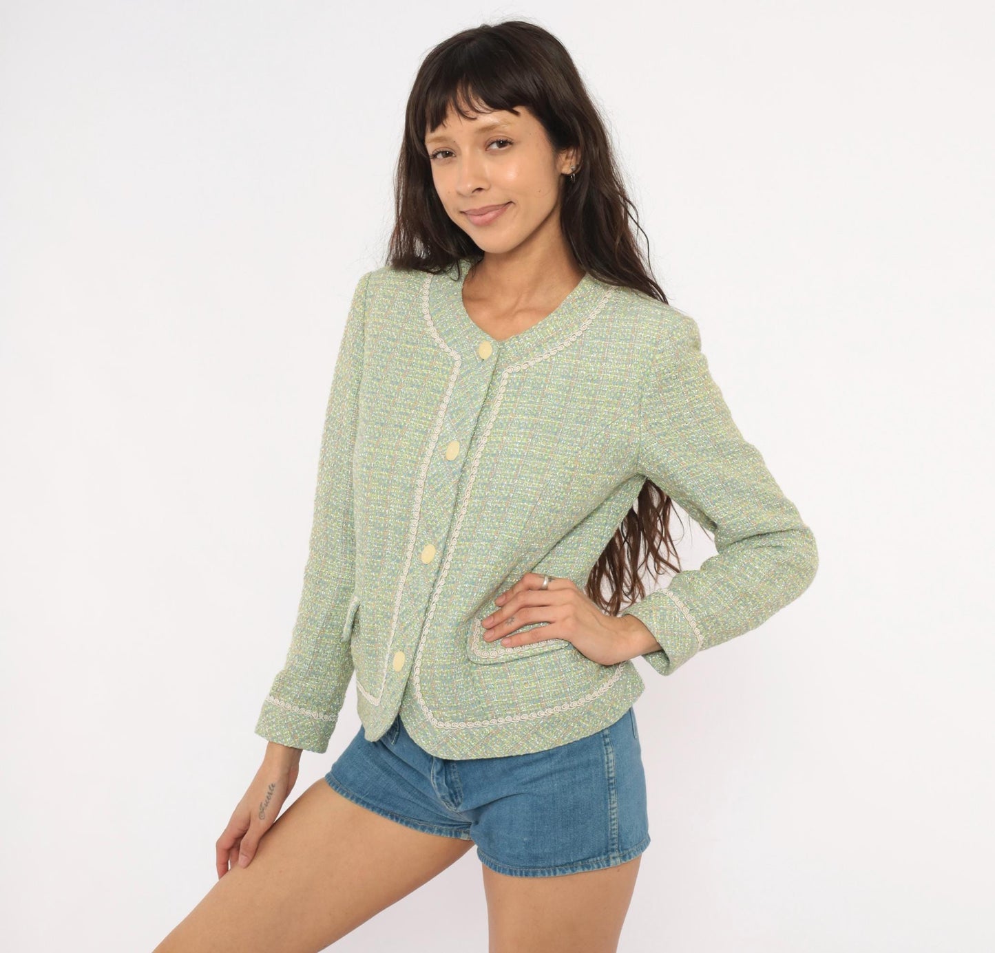 2000s Henry Lee Sage Tweed Blazer Collarless V-Neck Boucle Small S