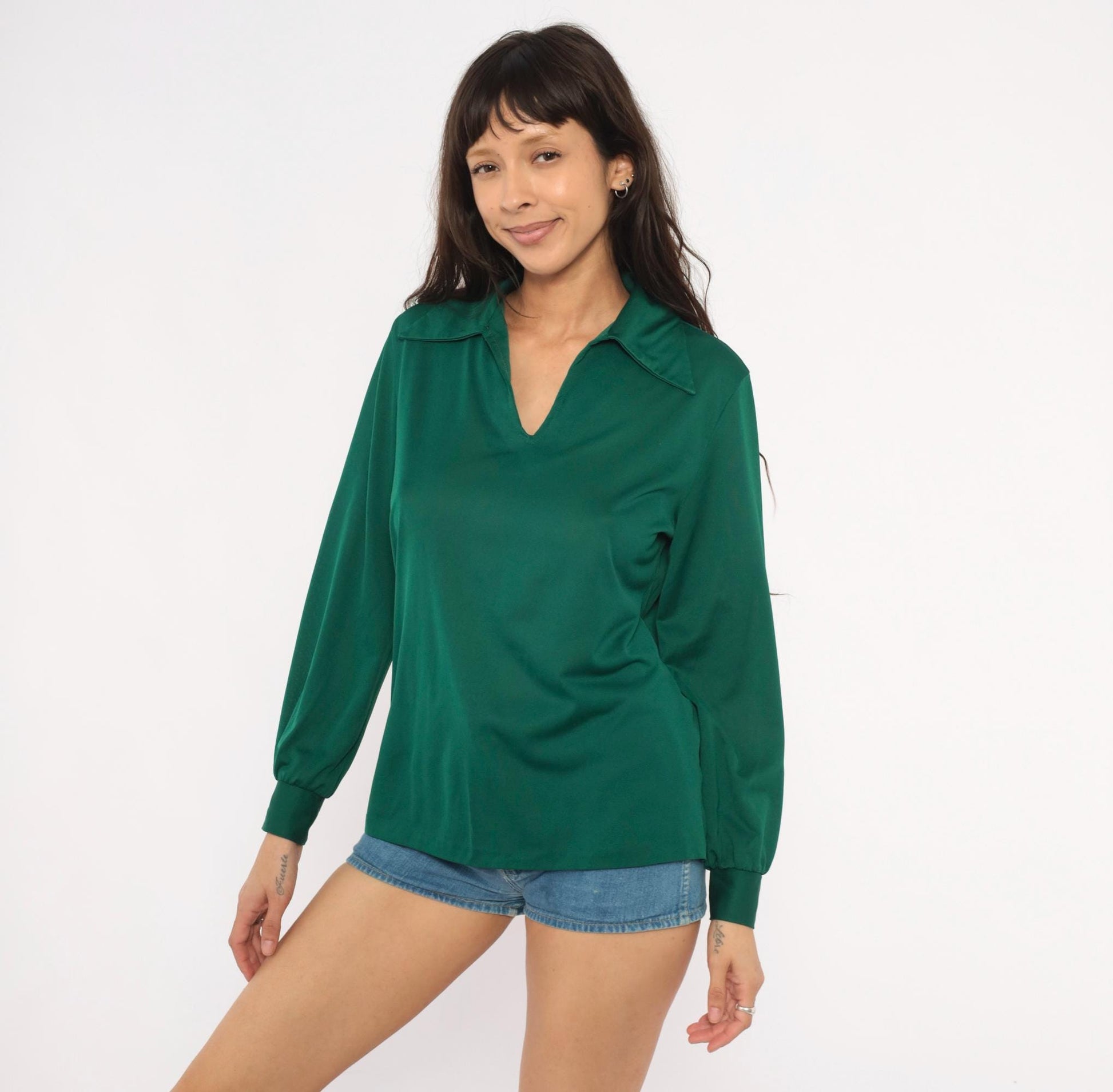 70s Sears Emerald Polo Blouse V-Neck Spread Collar Balloon Sleeve Large
