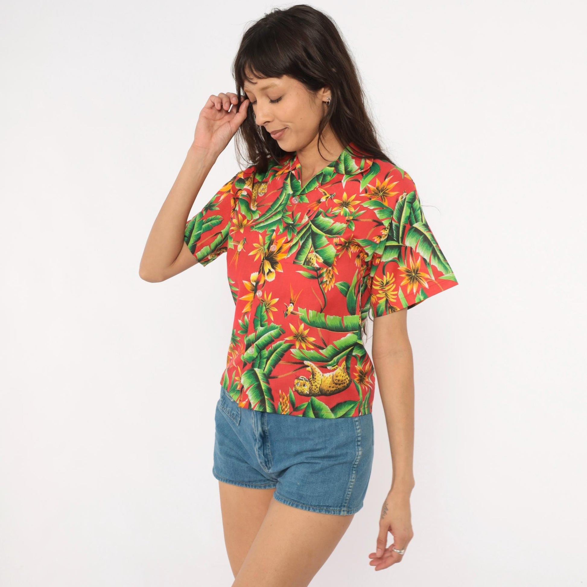 80s Jungle Leopard Hawaiian Shirt Red Tropical Cotton Rayon Camp Collar Extra Small XS