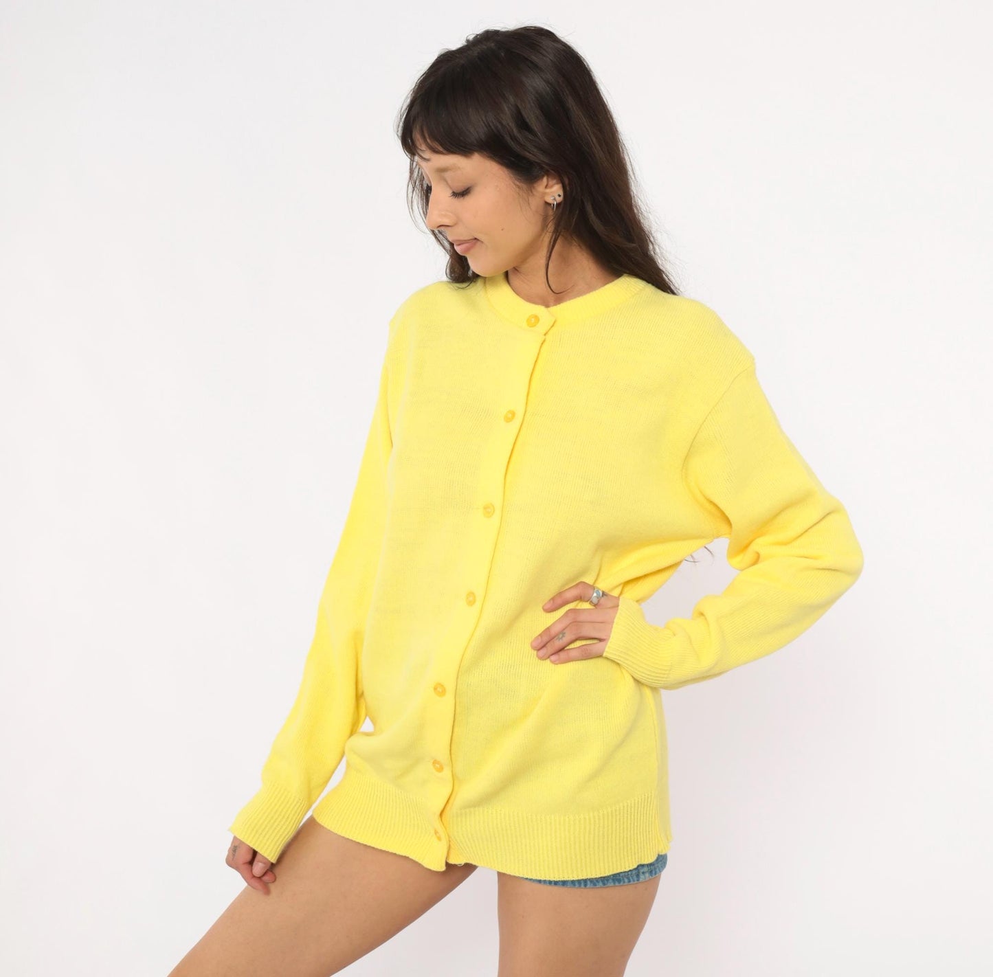 80s Yellow Cardigan School Apparel Button Front Knit Sweater Medium M