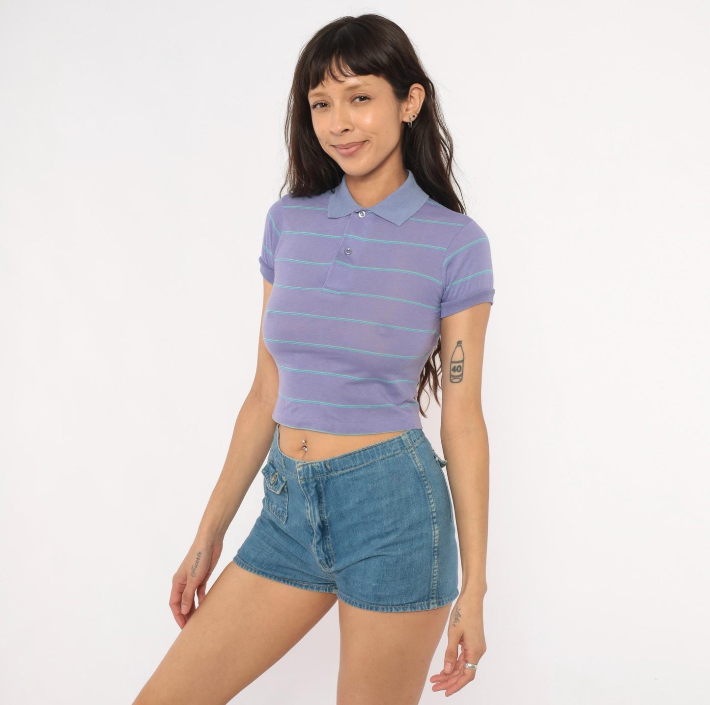80s Compass Striped Polo Crop Top Lavender Cotton XXS