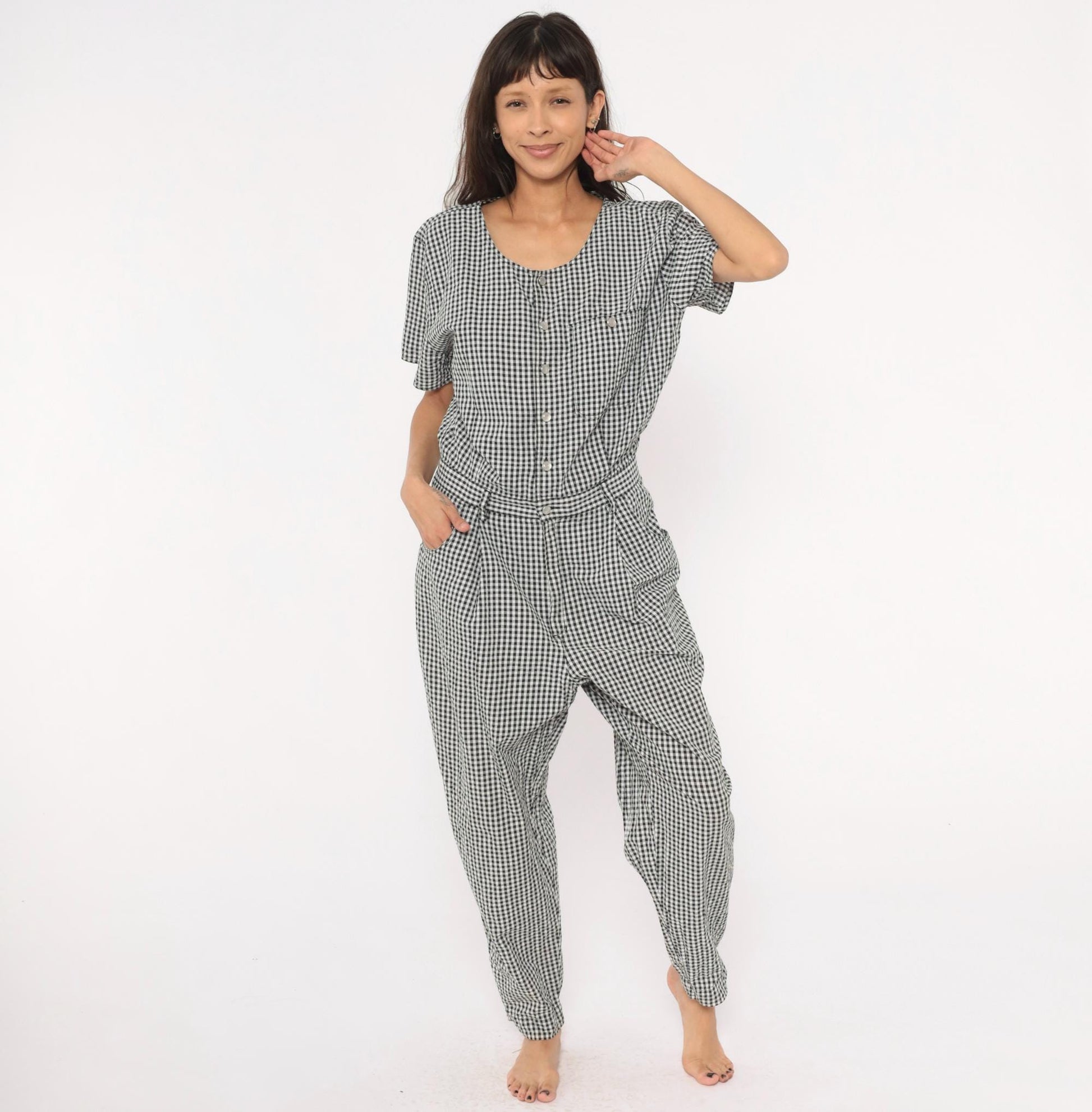 90s Lizwear Black White Gingham Cotton Jumpsuit Tapered Leg Large L